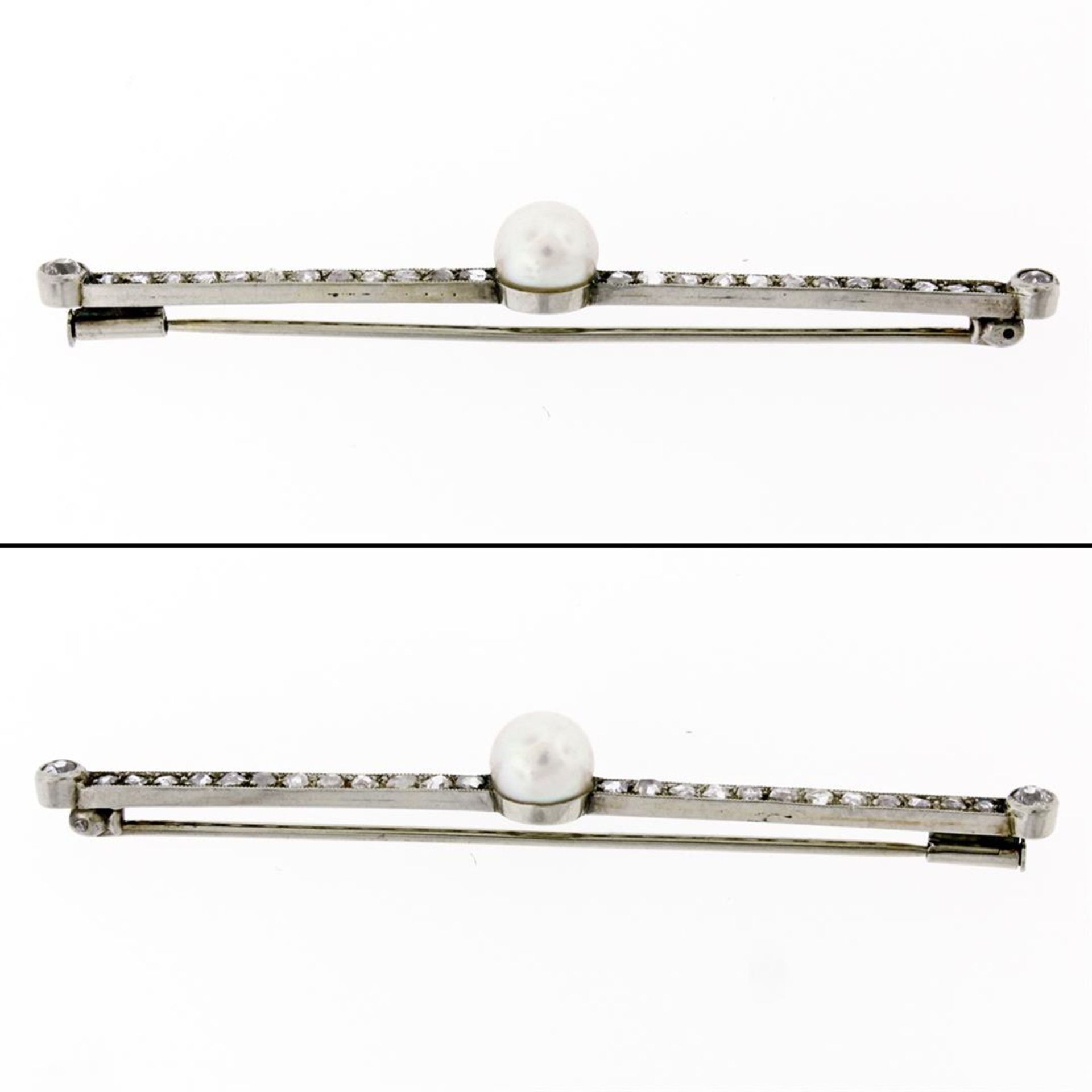 Antique 18K Gold 1.10ctw Rose & Old Mine Diamond & Pearl Milgrain Bar Pin Brooch - Image 3 of 5