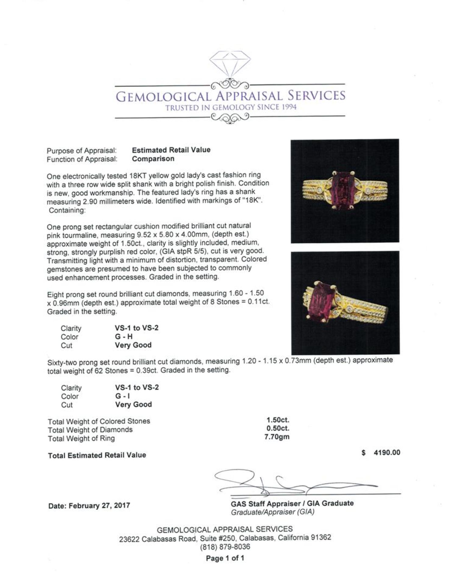 1.50 ct Pink Tourmaling And Diamond Ring - 18KT Yellow Gold - Image 5 of 5