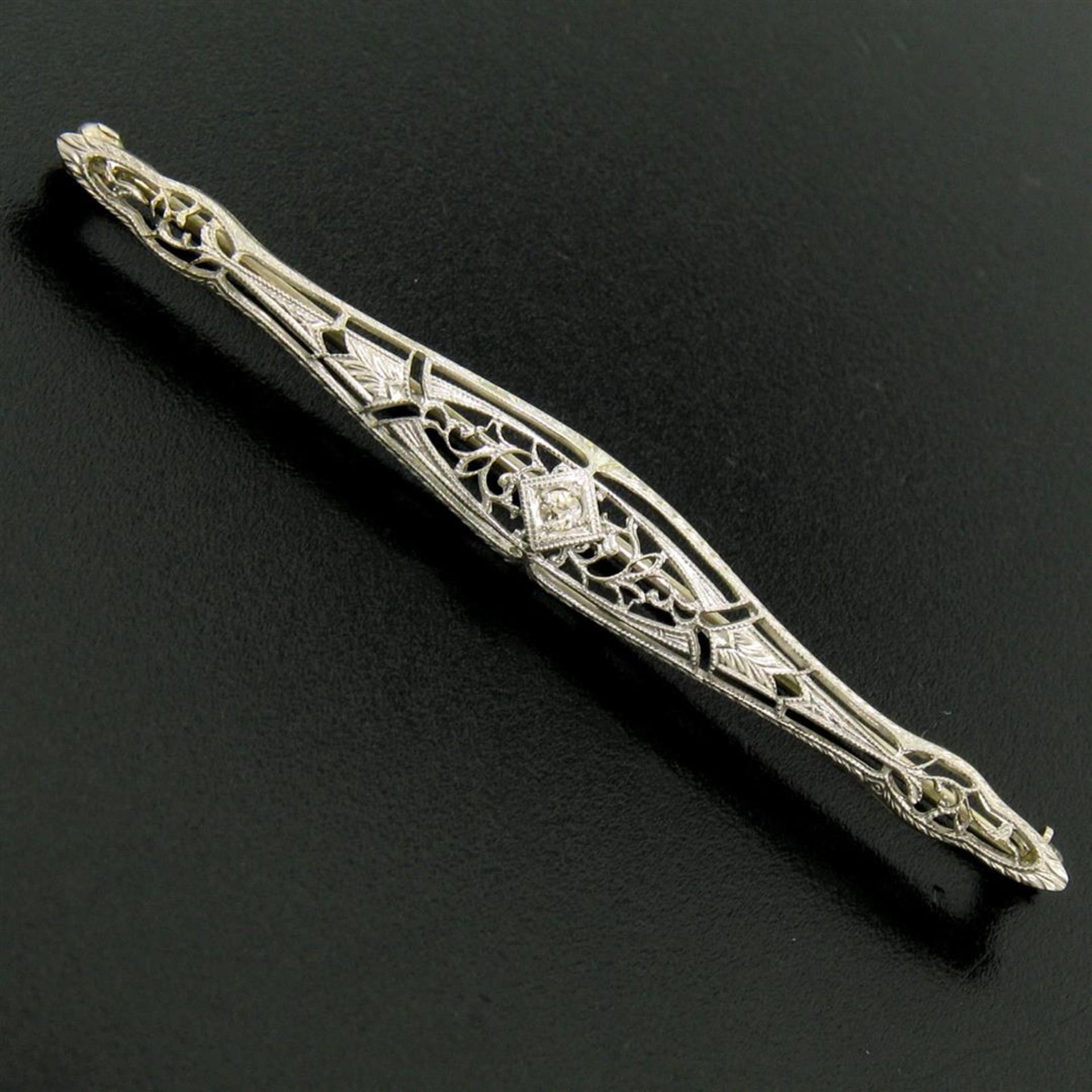 Art Deco 14k White Gold Open Filigree Bar Brooch w/ European Diamond - Image 2 of 4