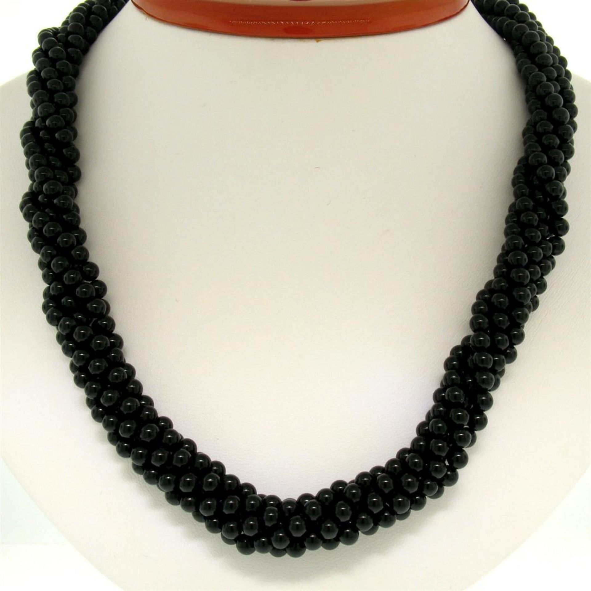 14k Gold Long Multi Strand Black Onyx Necklace w/ Freshwater Pearl & Coral Bead