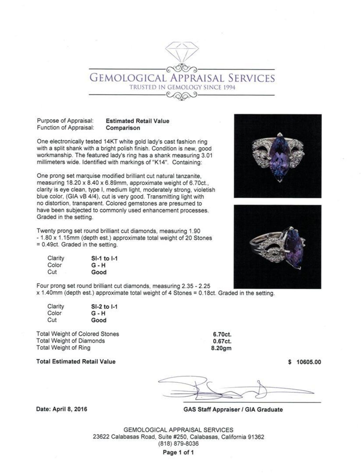 6.70 ctw Tanzanite and Diamond Ring - 14KT White Gold - Image 5 of 5