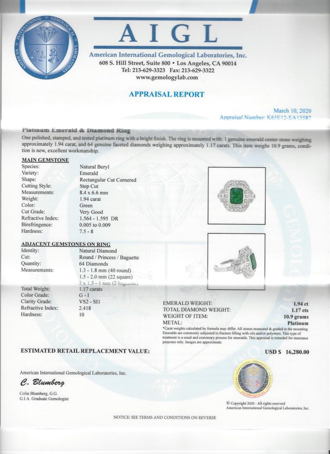 1.94ct Emerald and Diamond Ring - Platinum - Image 5 of 5