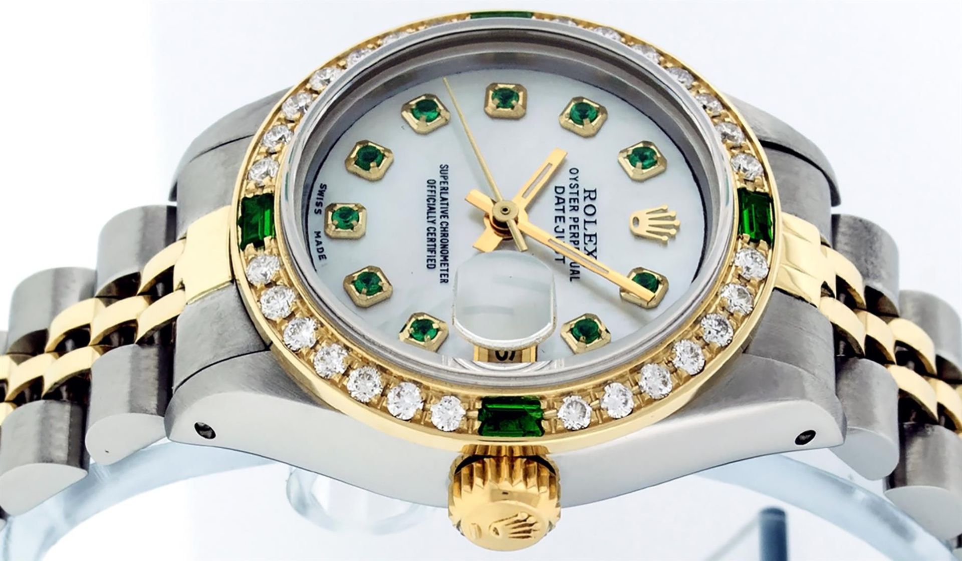 Rolex Ladies 2 Tone Mother Of Pearl & Emerald 26MM Datejust Wristwatch - Image 9 of 9
