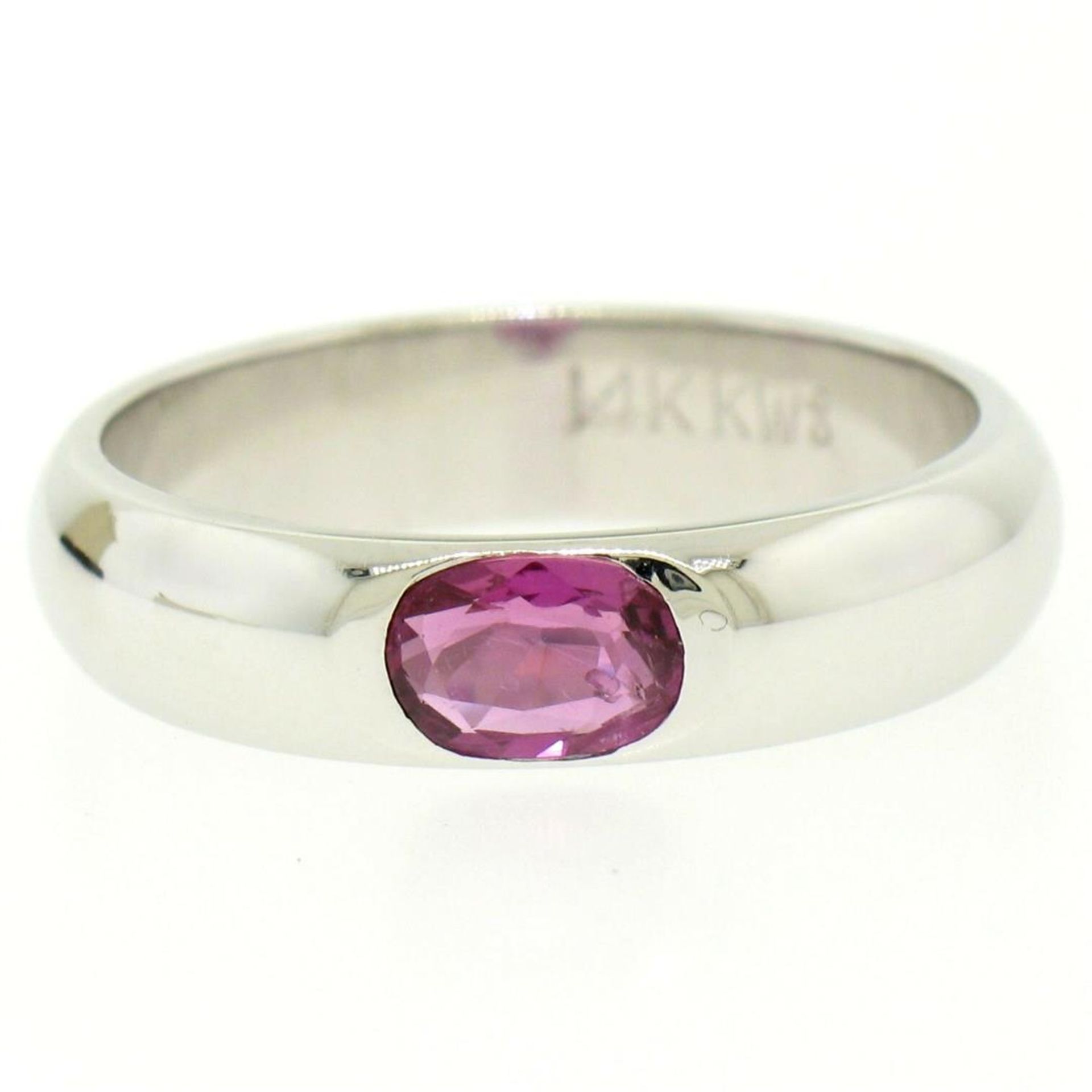 14K White Gold 0.62ct Oval Burnish Set Light Burgundy Ruby Solitaire Band Ring