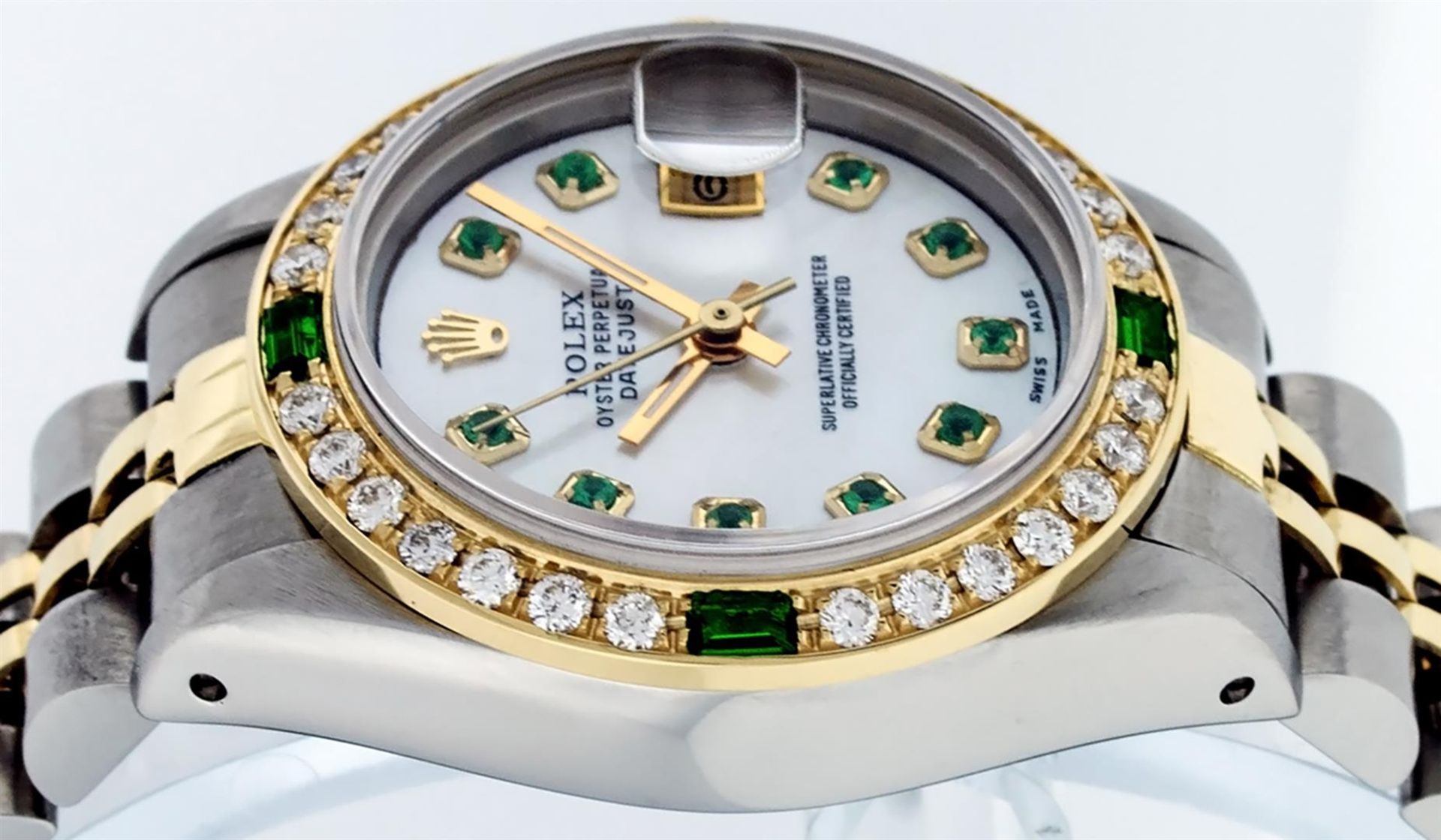 Rolex Ladies 2 Tone Mother Of Pearl & Emerald 26MM Datejust Wristwatch - Image 8 of 9