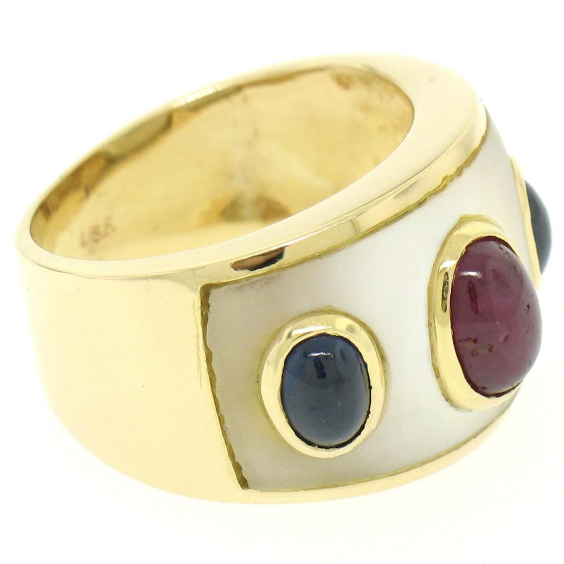 Wide 14K Yellow Gold 1.44ctw FINE Cabochon Ruby Sapphire & Mother of Pearl Ring - Image 4 of 7