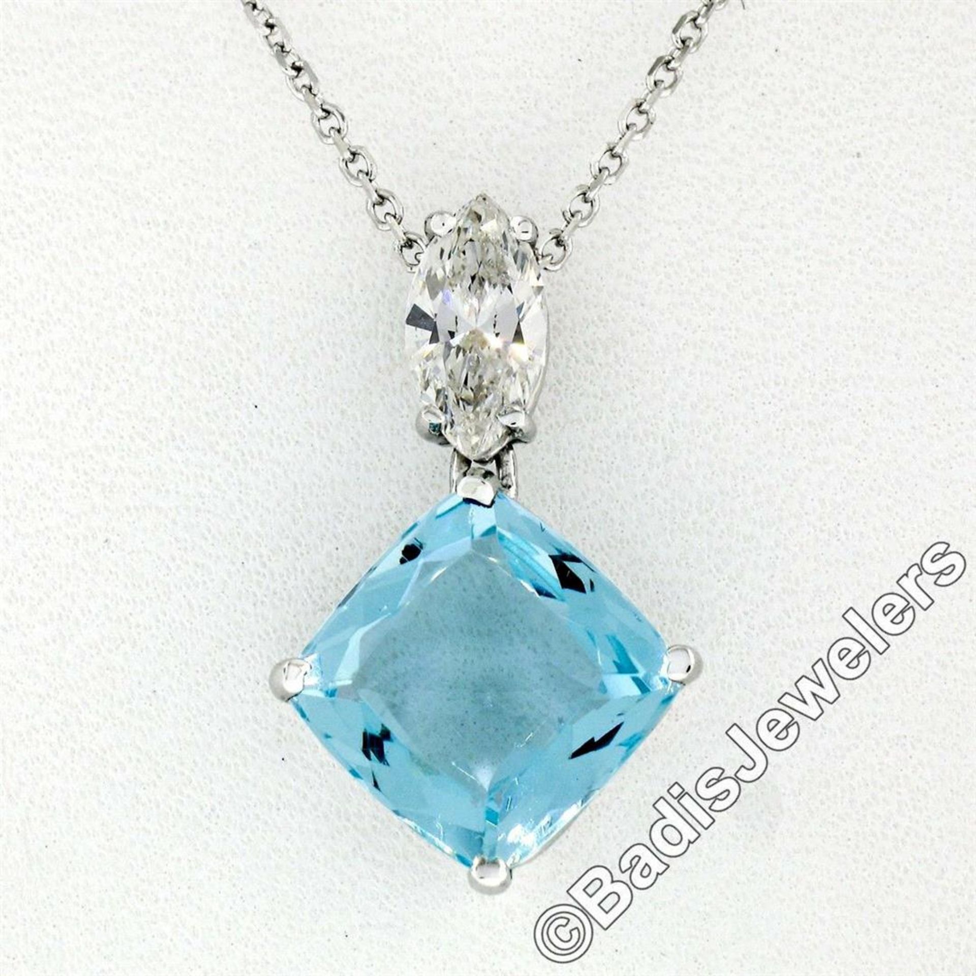 14kt White Gold 4.12ctw Cushion Aquamarine & Marquise Diamond Dangle Pendant