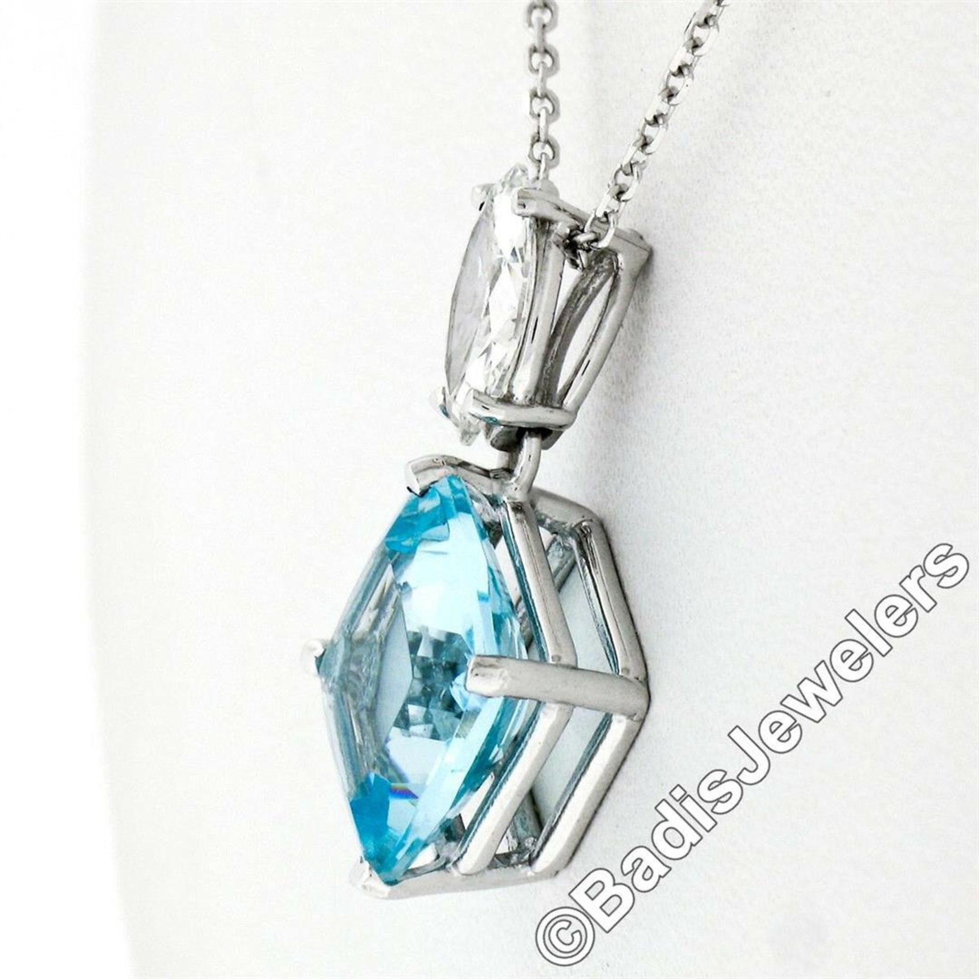 14kt White Gold 4.12ctw Cushion Aquamarine & Marquise Diamond Dangle Pendant - Image 3 of 6