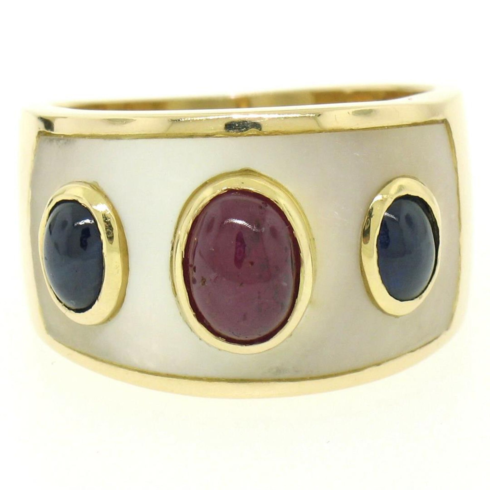 Wide 14K Yellow Gold 1.44ctw FINE Cabochon Ruby Sapphire & Mother of Pearl Ring