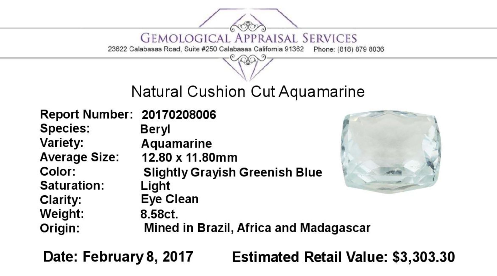 8.58ct.Natural Cushion Cut Aquamarine - Image 2 of 2