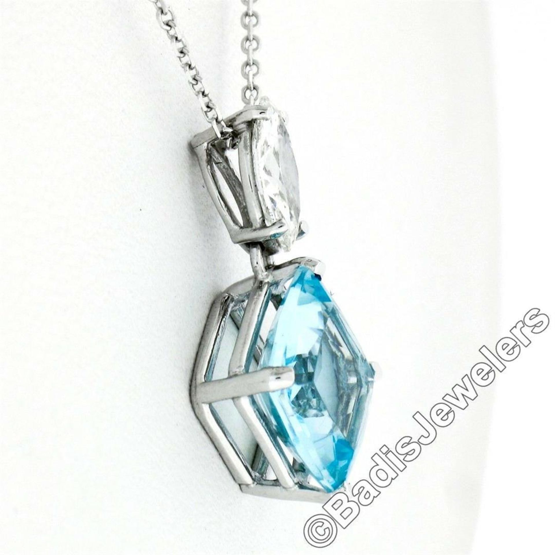 14kt White Gold 4.12ctw Cushion Aquamarine & Marquise Diamond Dangle Pendant - Image 4 of 6