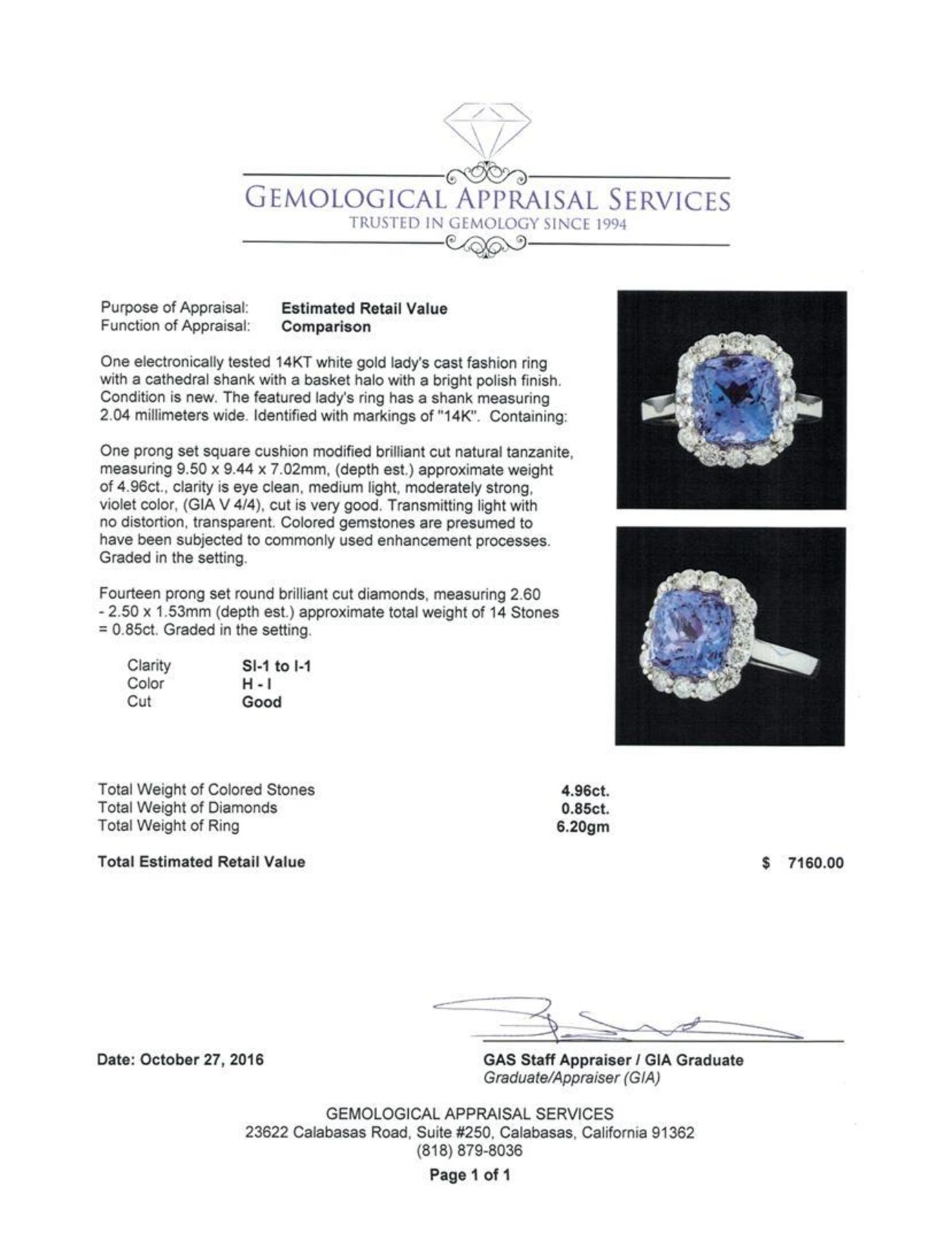 4.96 ctw Tanzanite and Diamond Ring - 14KT White Gold - Image 5 of 5