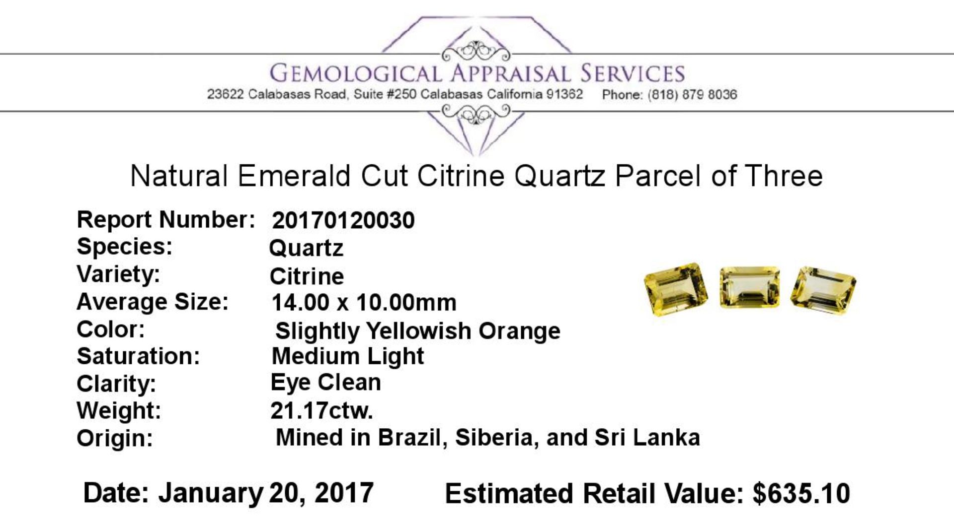 21.17ctw.Natural Emerald Cut Citrine Quartz Parcel of Three - Image 3 of 3