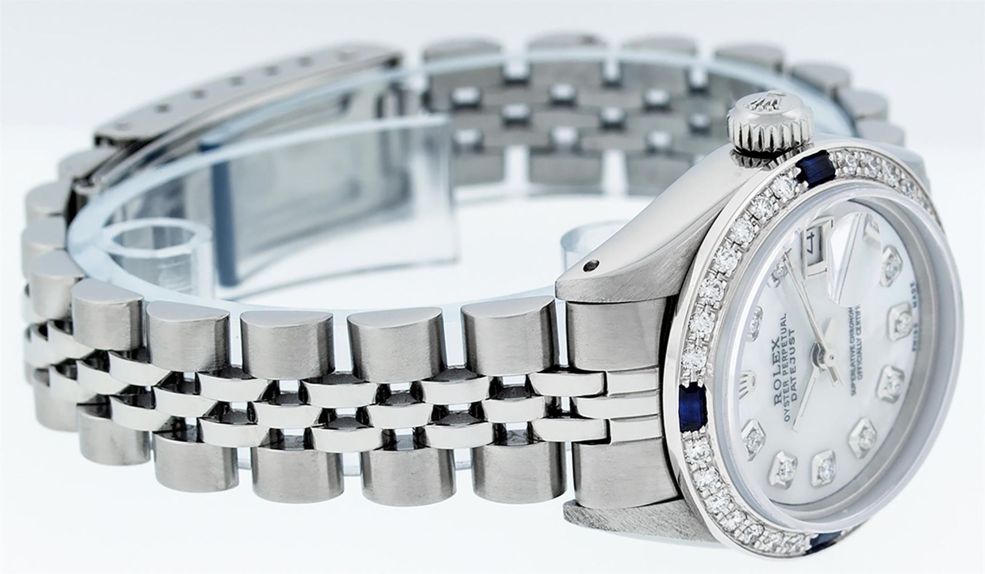 Rolex Ladies Stainless Steel Mother Of Pearl Diamond & Sapphire Datejust Wristwa - Image 6 of 9