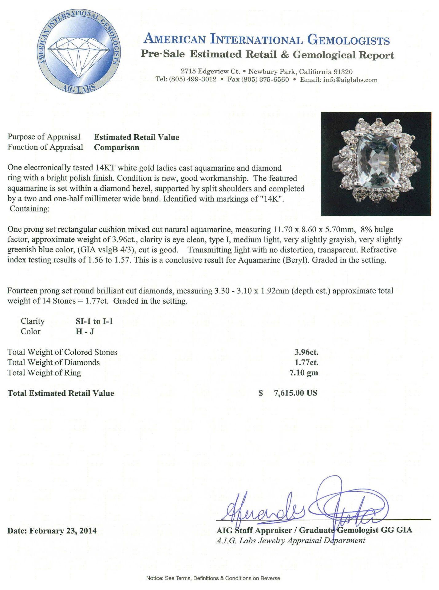 14KT White Gold 3.96 ctw Aquamarine and Diamond Ring - Image 5 of 5