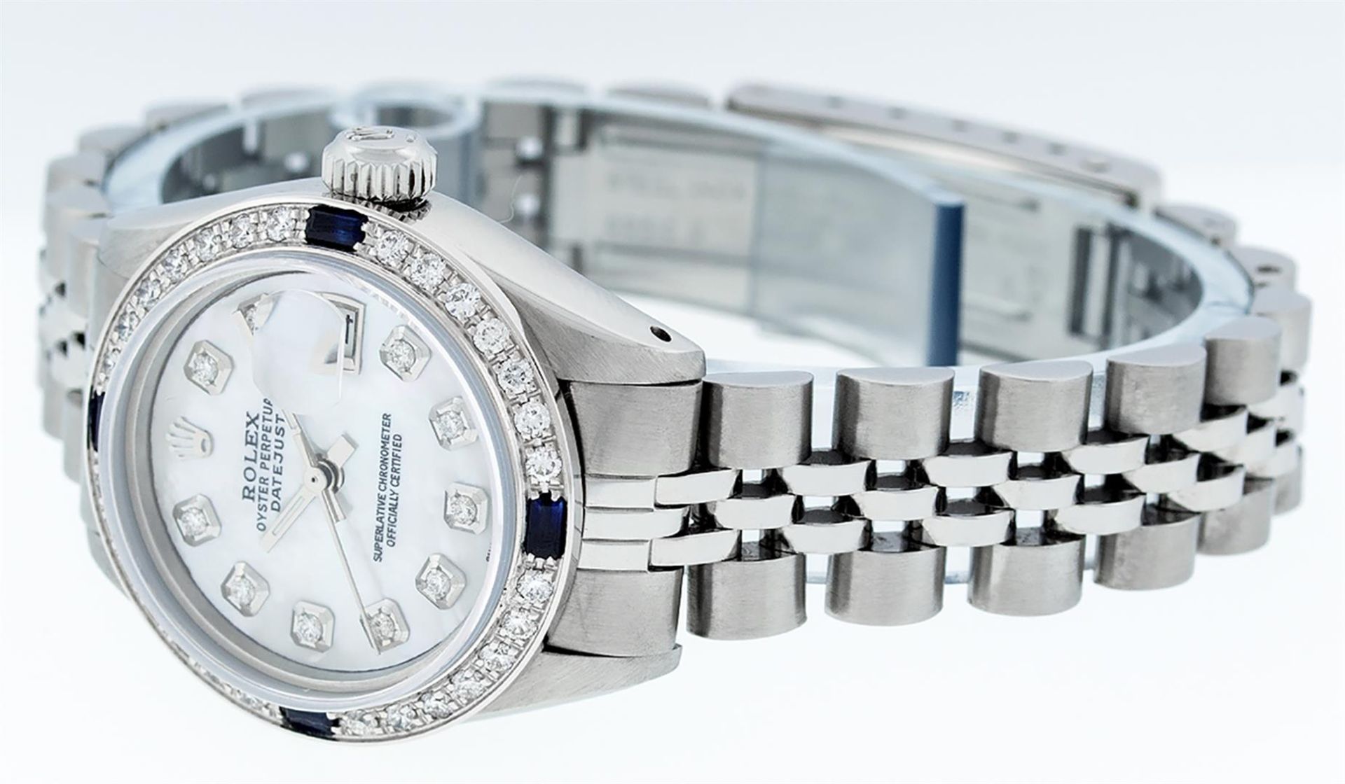 Rolex Ladies Stainless Steel Mother Of Pearl Diamond & Sapphire Datejust Wristwa - Image 2 of 9