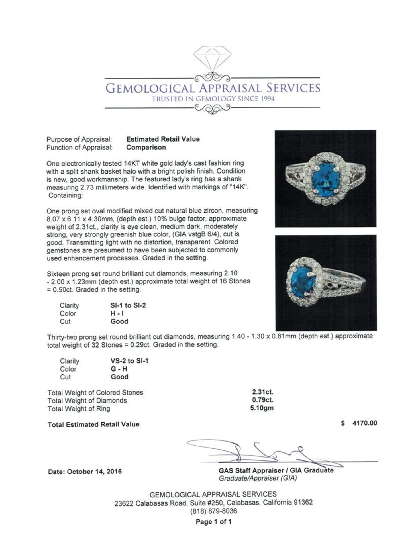 2.81 ctw Blue Zircon and Diamond Ring - 14KT White Gold - Image 5 of 5