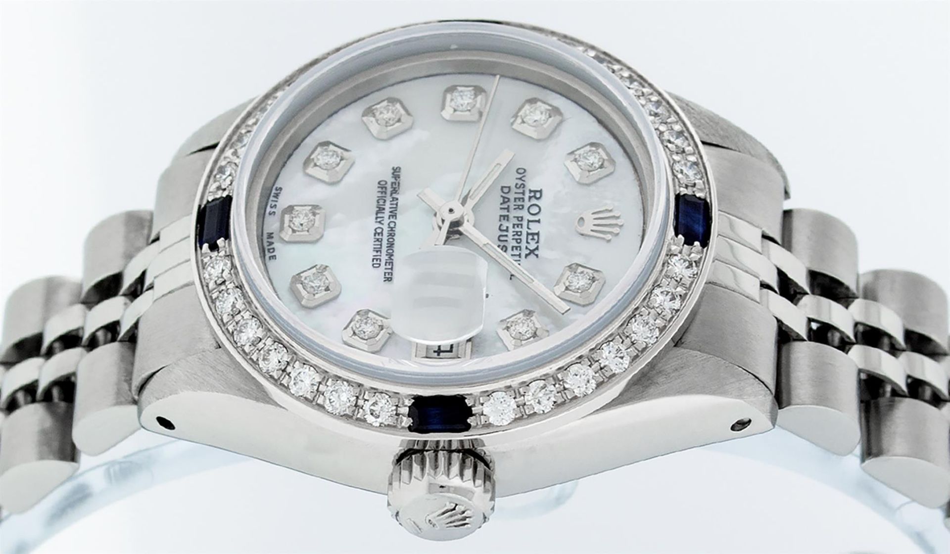 Rolex Ladies Stainless Steel Mother Of Pearl Diamond & Sapphire Datejust Wristwa - Image 4 of 9