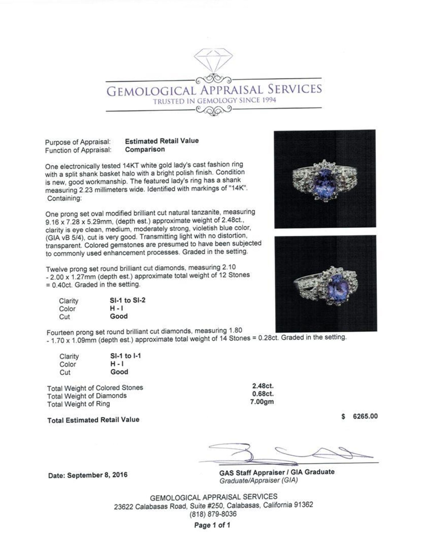 2.48 ctw Tanzanite and Diamond Ring - 14KT White Gold - Image 5 of 5