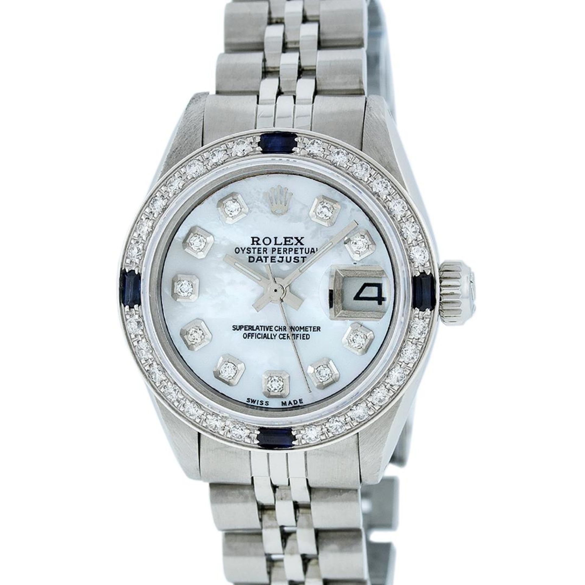 Rolex Ladies Stainless Steel Mother Of Pearl Diamond & Sapphire Datejust Wristwa - Image 5 of 9