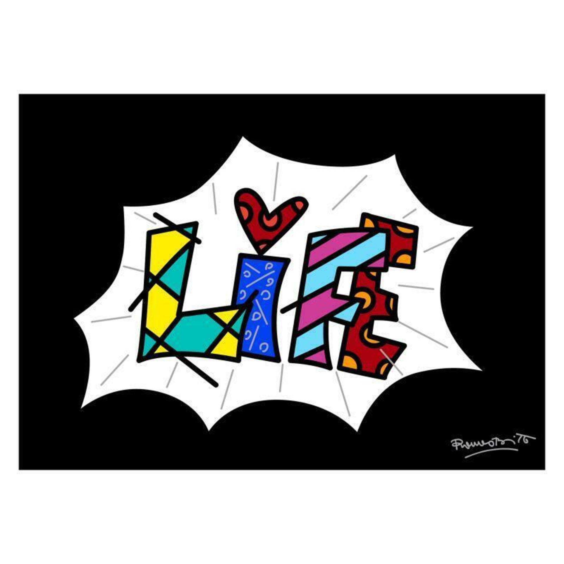 Romero Britto "Life Black Mini Word" Hand Signed Giclee on Canvas; Authenticated