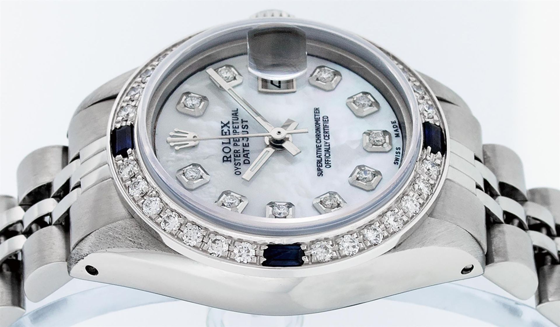 Rolex Ladies Stainless Steel Mother Of Pearl Diamond & Sapphire Datejust Wristwa - Image 3 of 9