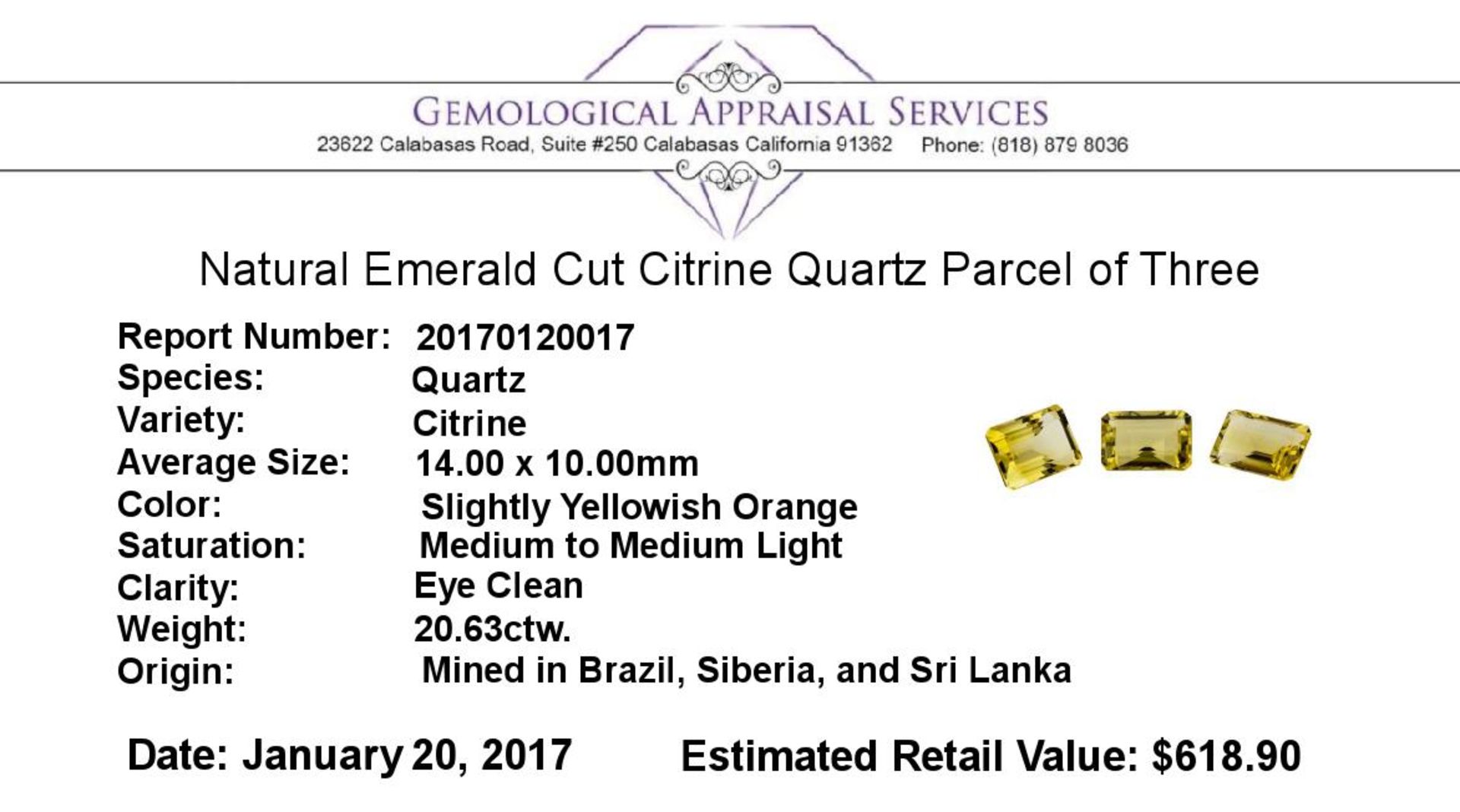 20.63ctw.Natural Emerald Cut Citrine Quartz Parcel of Three - Image 3 of 3