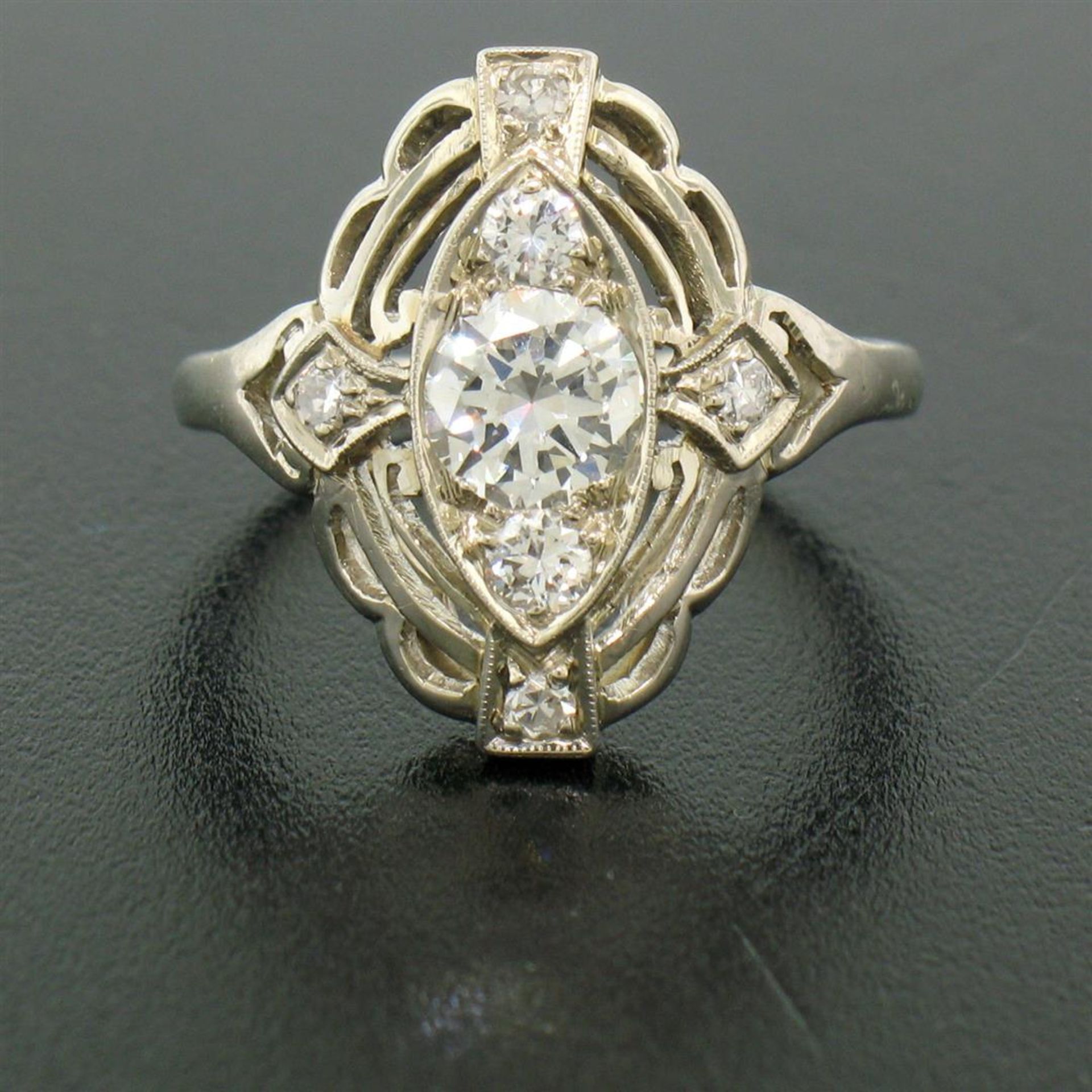 Art Deco 14k White Gold 0.85 ctw Diamond Large Open Work Cocktail Ring - Image 2 of 9