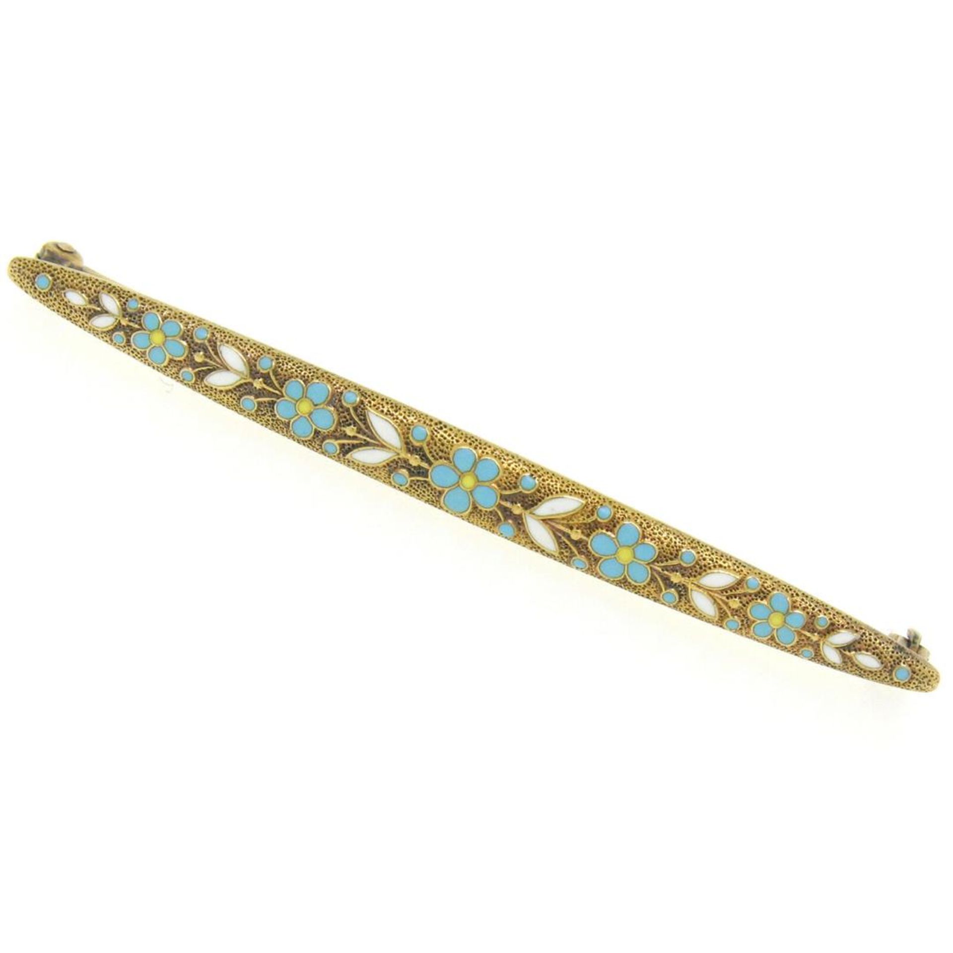 Antique Art Nouveau Krementz 14K Yellow Gold Enamel Daisy Flower Bar Pin Brooch