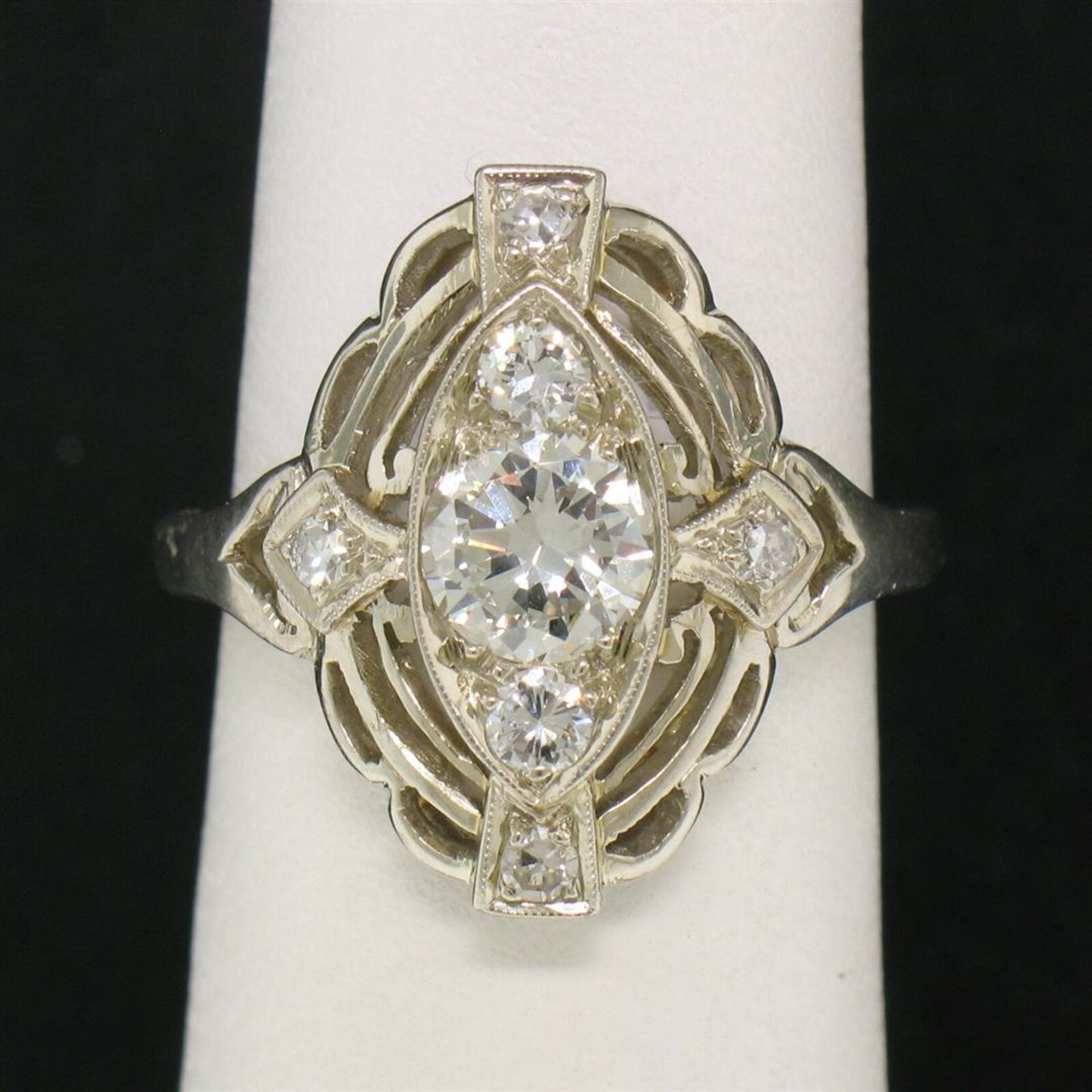 Art Deco 14k White Gold 0.85 ctw Diamond Large Open Work Cocktail Ring - Image 4 of 9