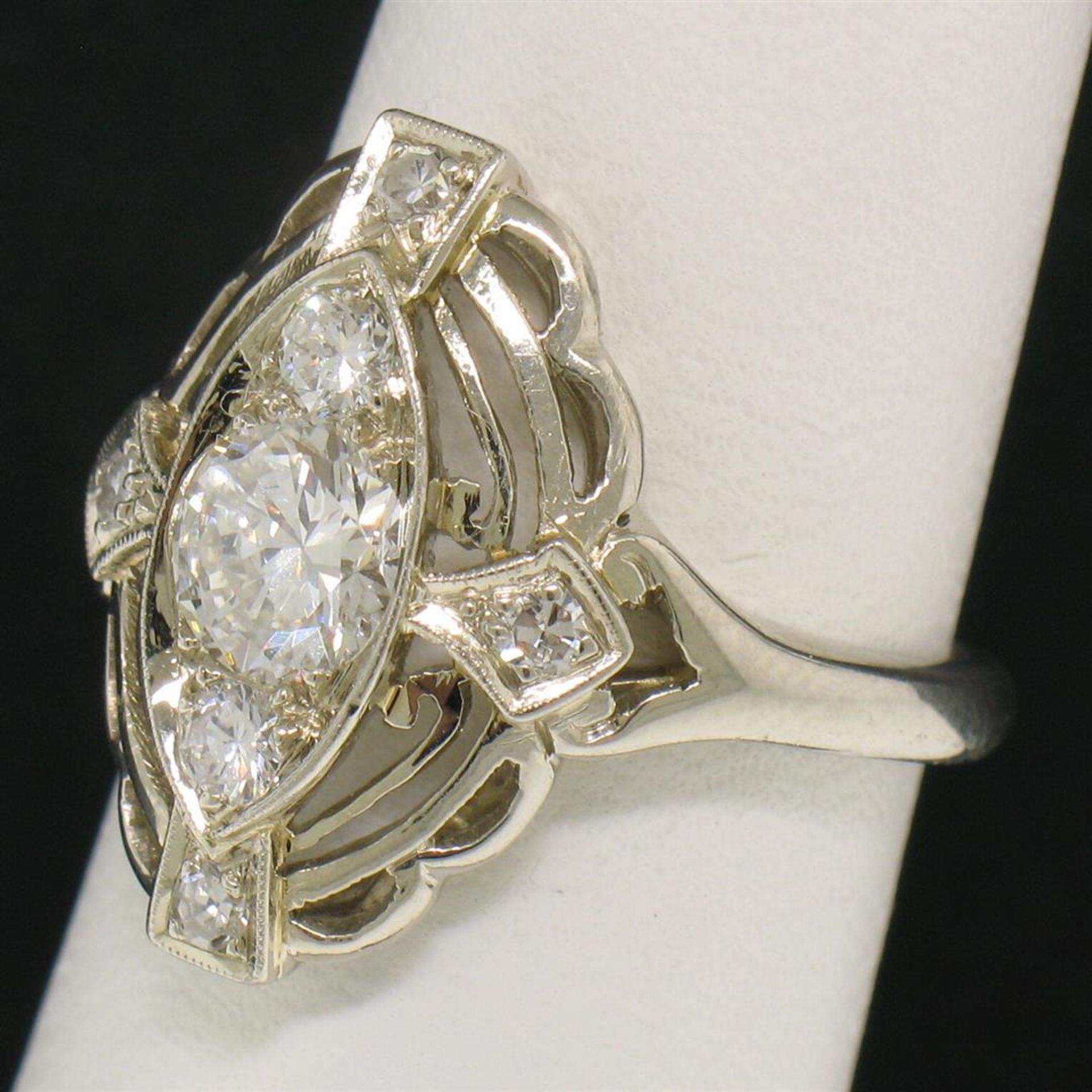 Art Deco 14k White Gold 0.85 ctw Diamond Large Open Work Cocktail Ring - Image 9 of 9