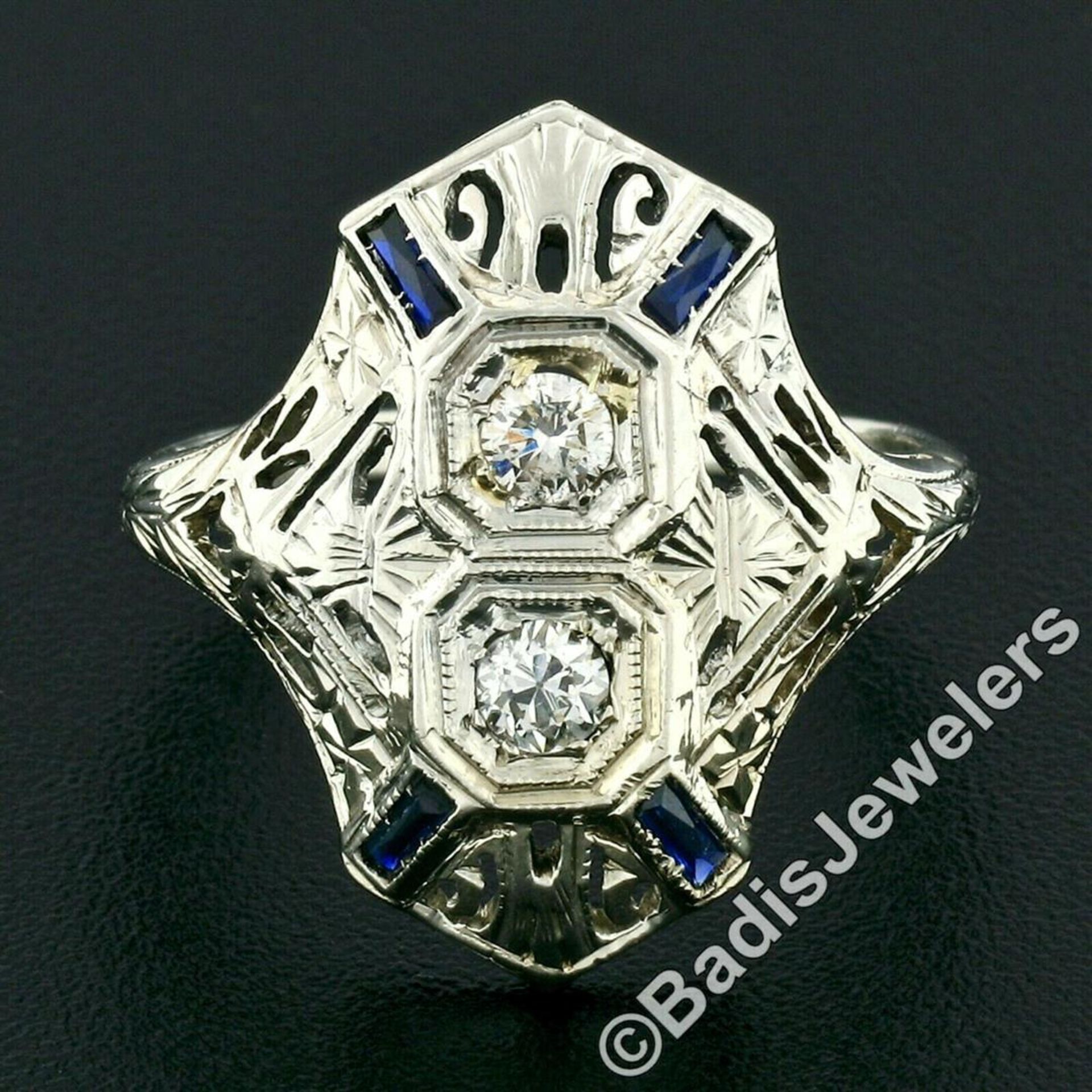 Art Deco 18kt White Gold Euro Cut Diamond & Sapphire Filigree Dinner Ring - Image 2 of 9