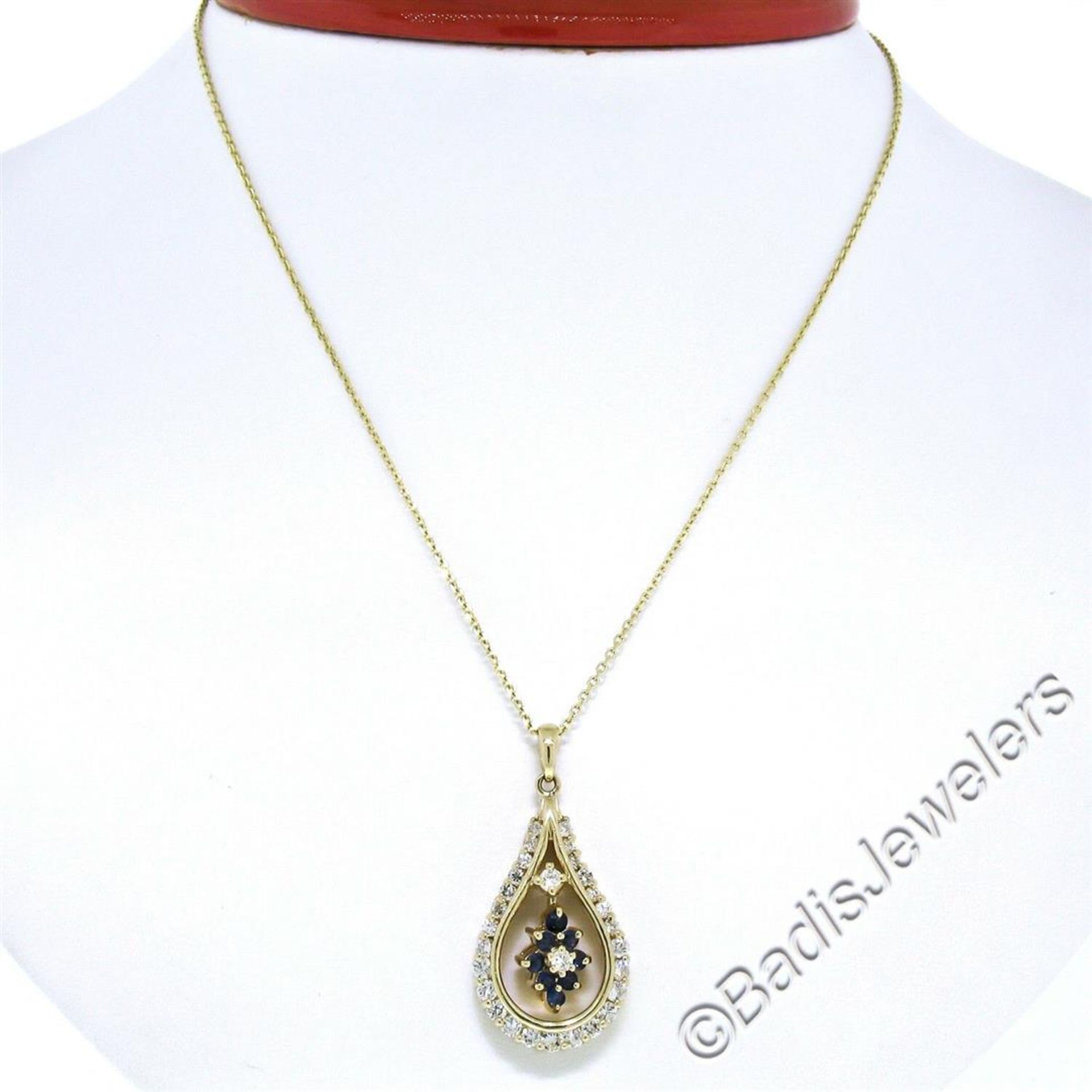 14kt Yellow Gold 1.22ctw Diamond and Sapphire Tear Drop Dangle Pendant Necklace - Image 3 of 7