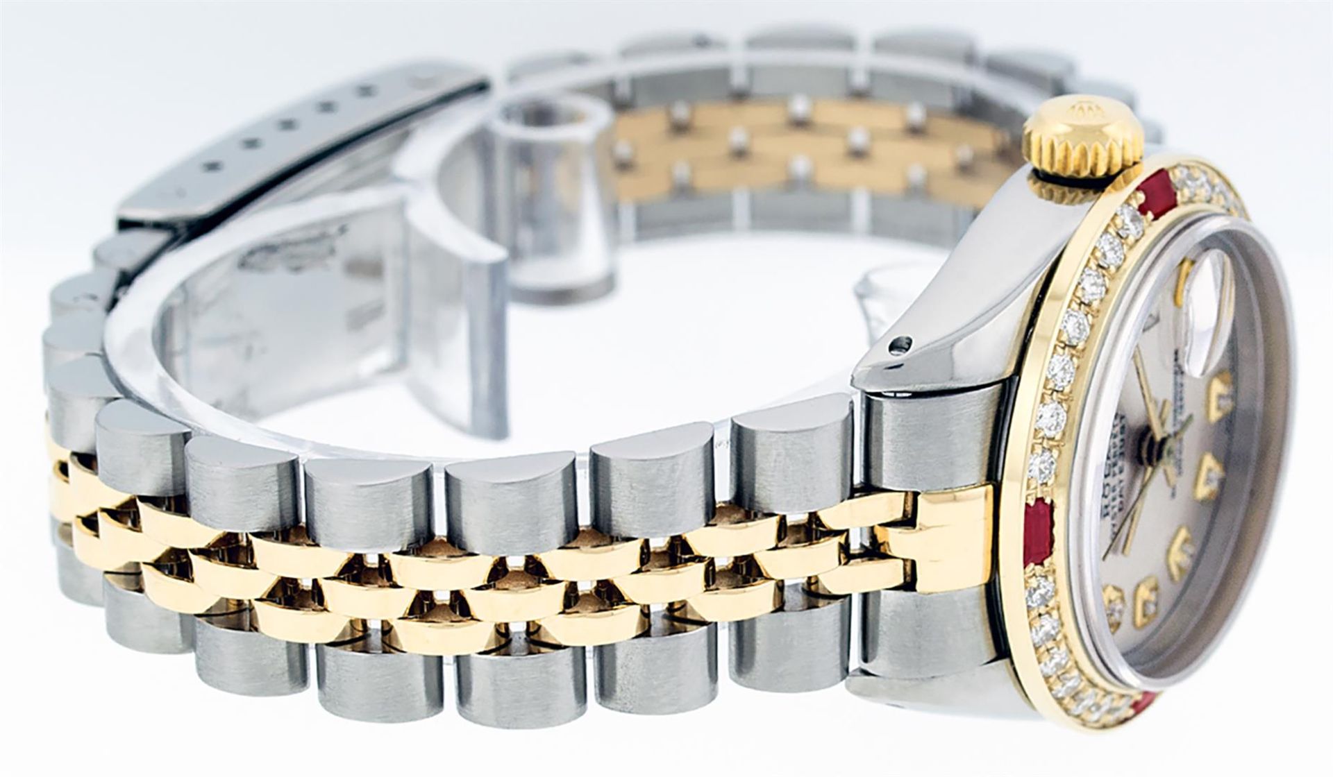 Rolex Ladies 2 Tone Silver Diamond & Ruby Datejust Wristwatch - Image 6 of 9