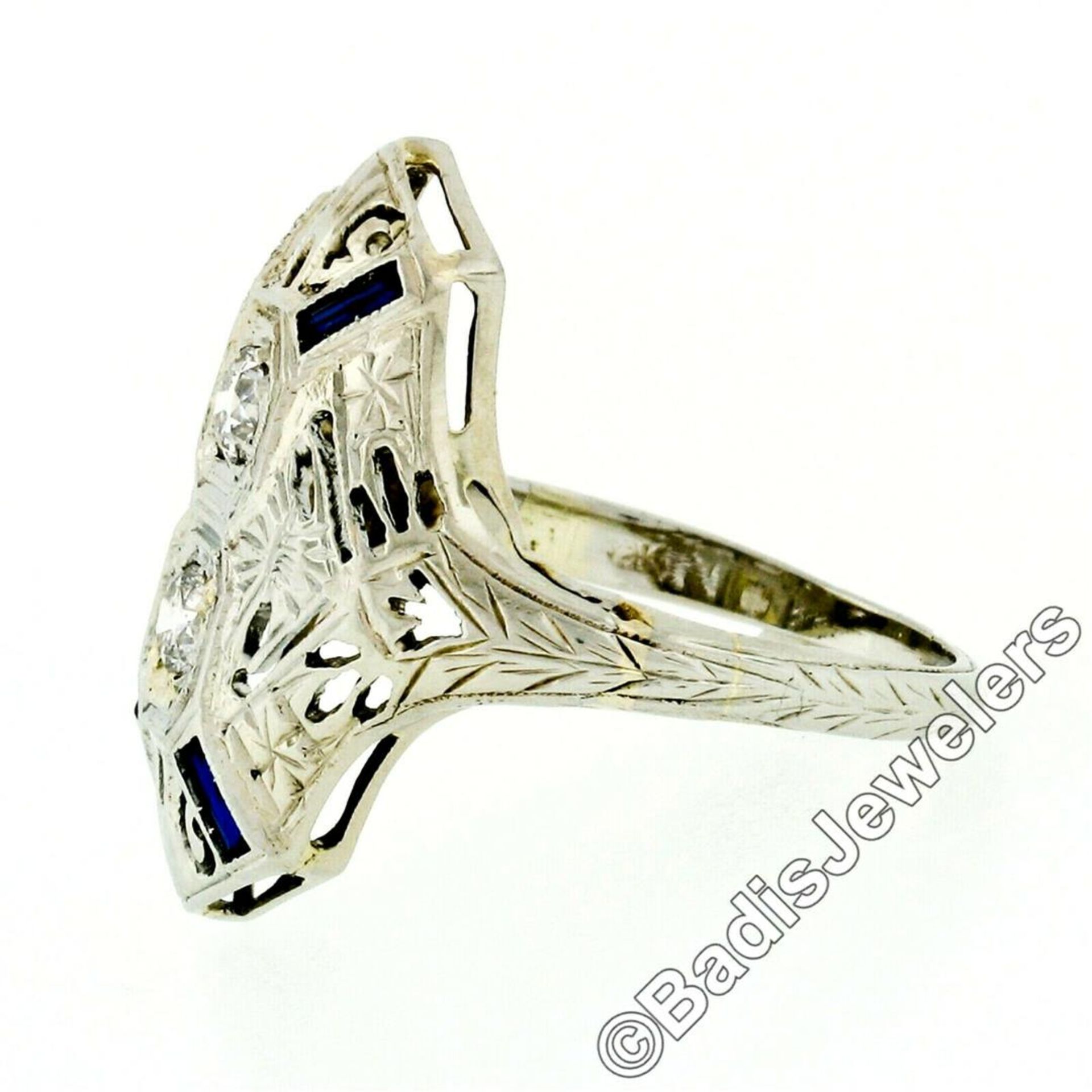 Art Deco 18kt White Gold Euro Cut Diamond & Sapphire Filigree Dinner Ring - Image 7 of 9