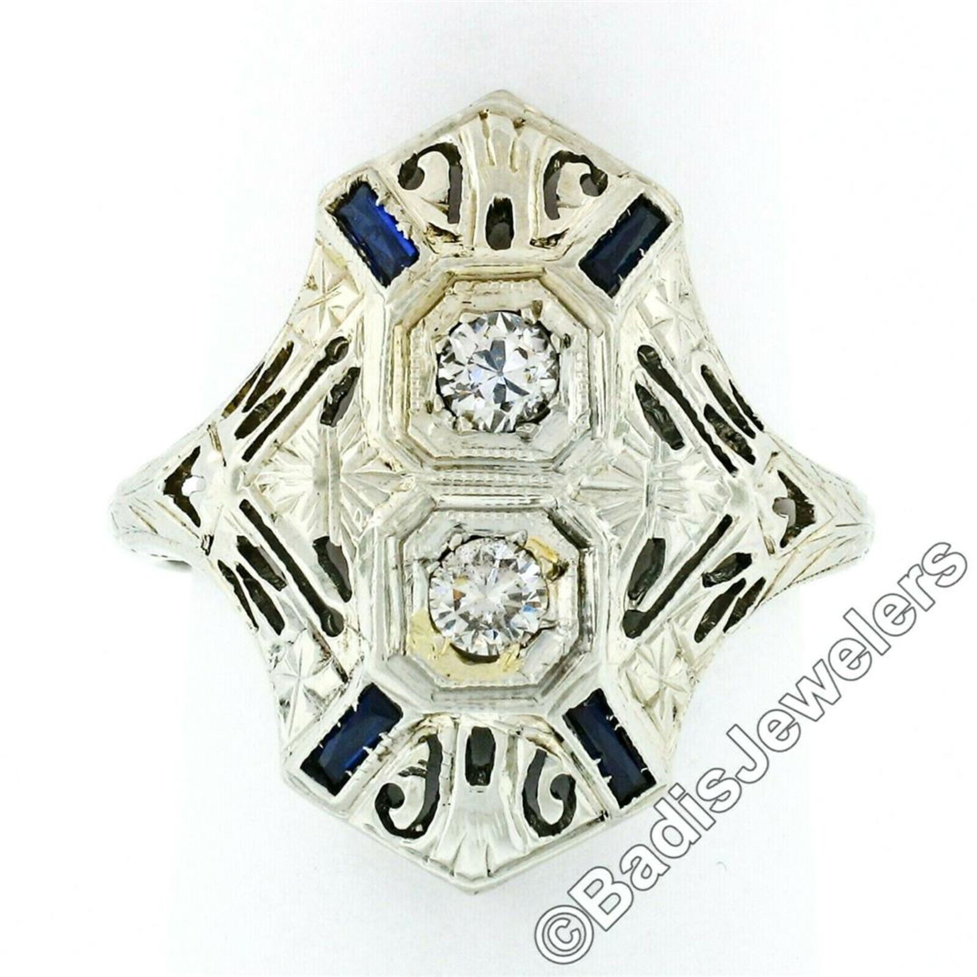 Art Deco 18kt White Gold Euro Cut Diamond & Sapphire Filigree Dinner Ring - Image 4 of 9