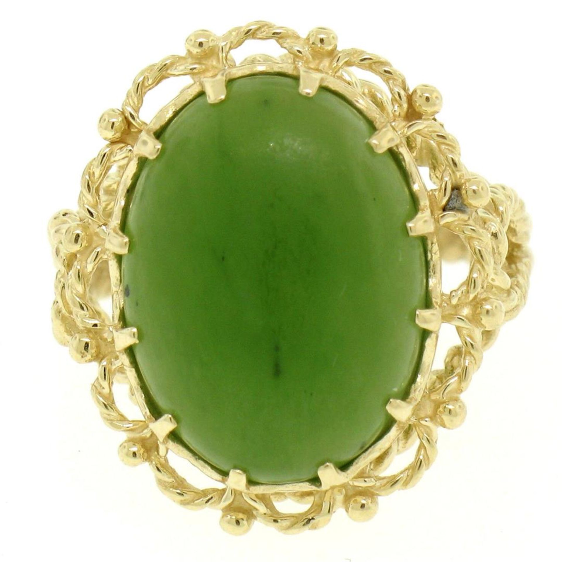 14k Yellow Gold Prong Set Cabochon Olive Green Nephrite Jade Twisted Wire Ring - Image 4 of 8