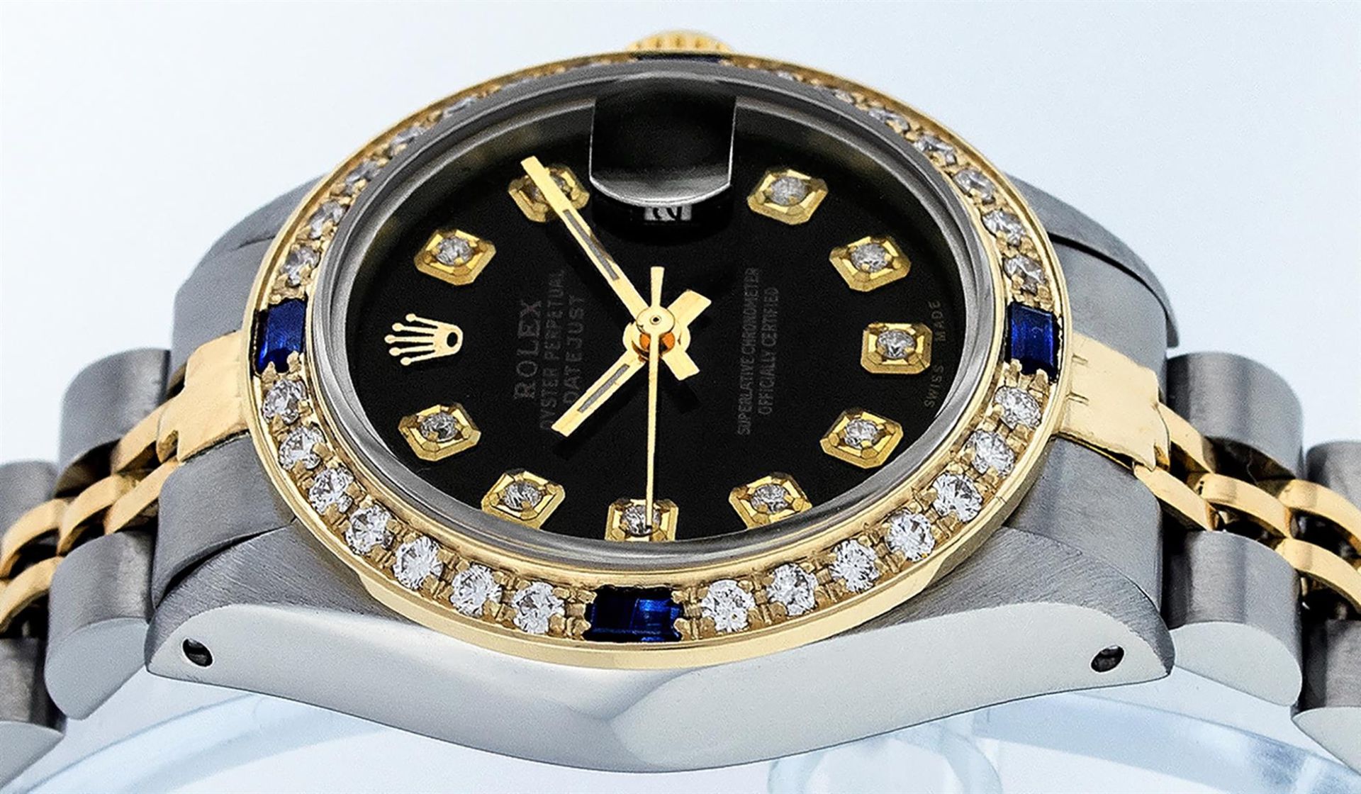 Rolex Ladies 2 Tone Black Diamond & Sapphire 26MM Oyster Datejust Wristwatch - Image 5 of 9