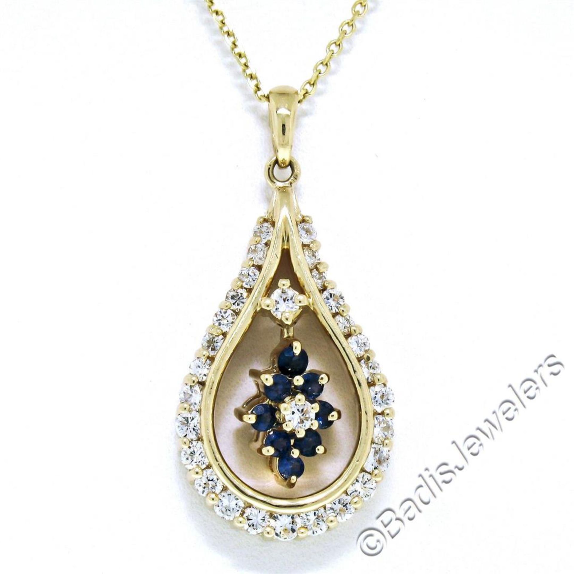 14kt Yellow Gold 1.22ctw Diamond and Sapphire Tear Drop Dangle Pendant Necklace