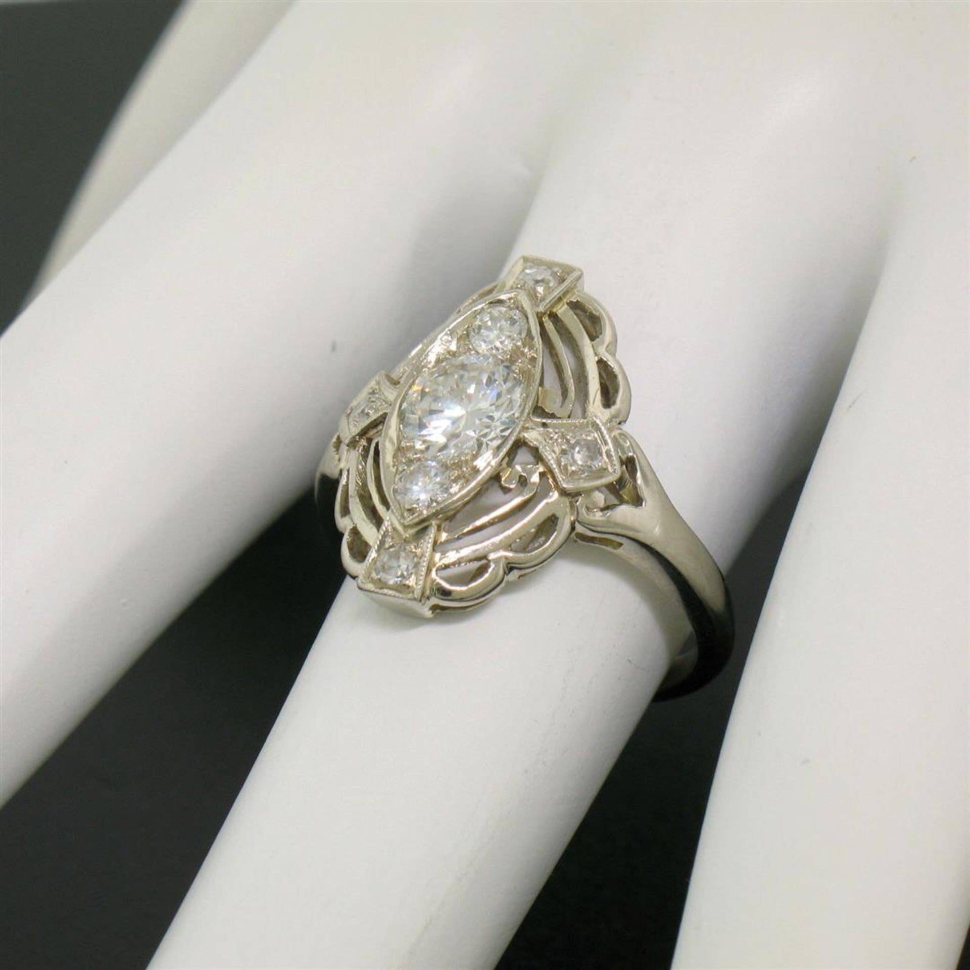 Art Deco 14k White Gold 0.85 ctw Diamond Large Open Work Cocktail Ring - Image 7 of 9