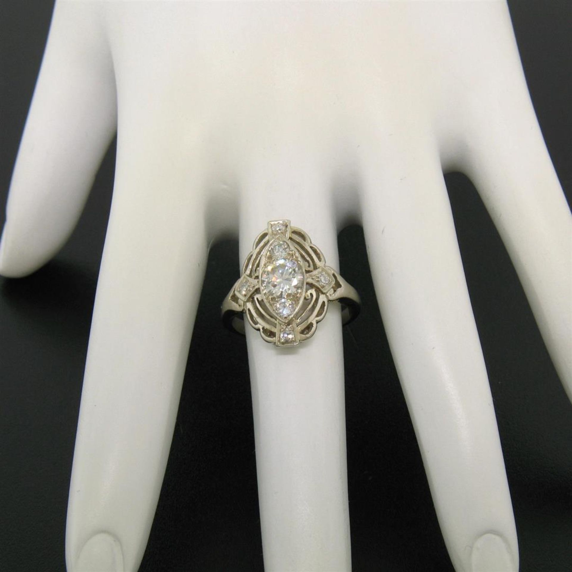 Art Deco 14k White Gold 0.85 ctw Diamond Large Open Work Cocktail Ring - Image 8 of 9