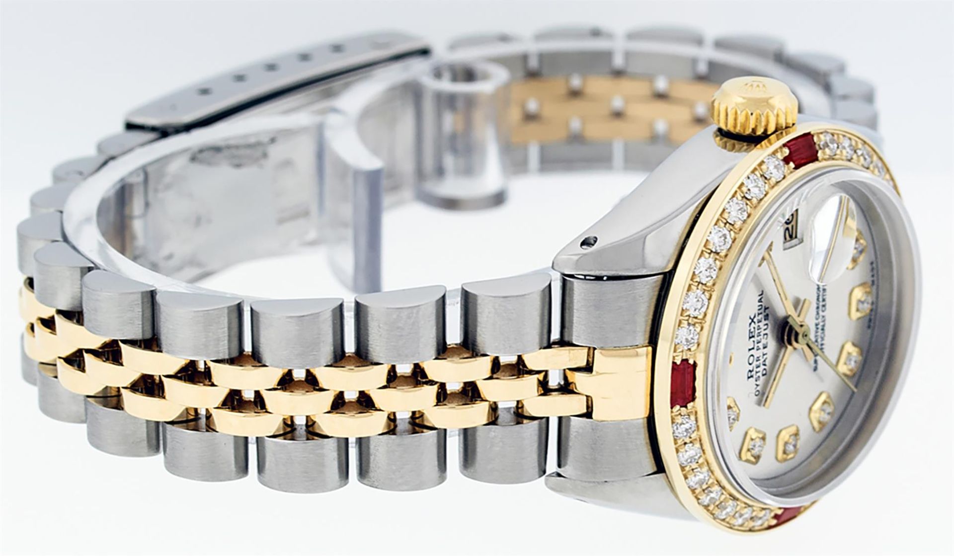 Rolex Ladies 2 Tone Silver Diamond & Ruby Datejust Wristwatch - Image 5 of 9