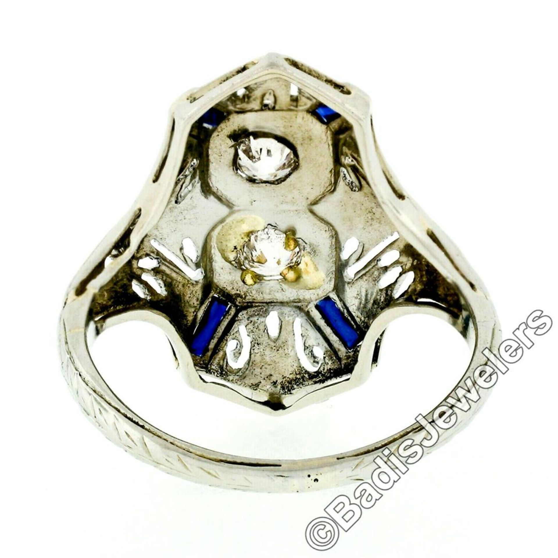 Art Deco 18kt White Gold Euro Cut Diamond & Sapphire Filigree Dinner Ring - Image 9 of 9
