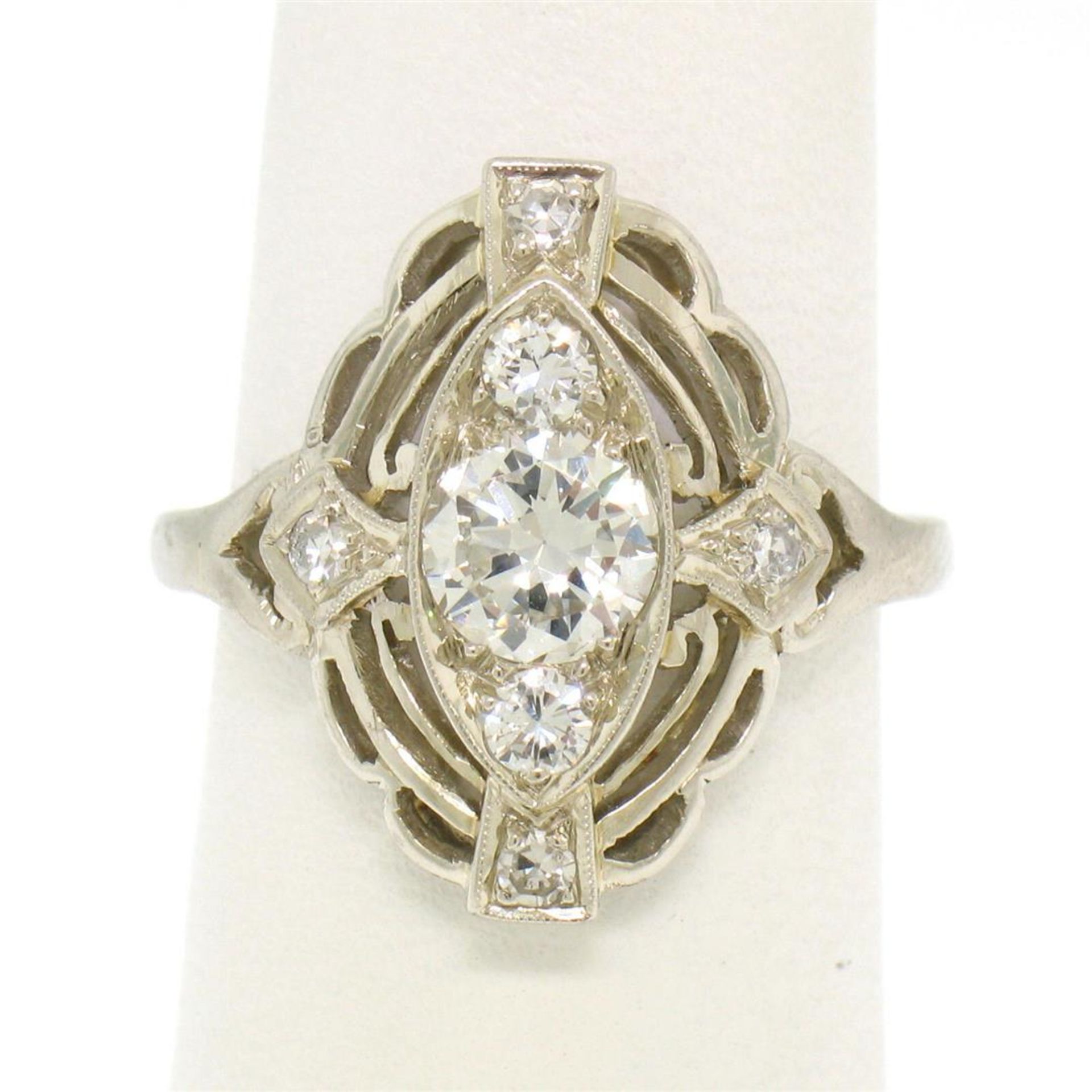 Art Deco 14k White Gold 0.85 ctw Diamond Large Open Work Cocktail Ring - Image 3 of 9