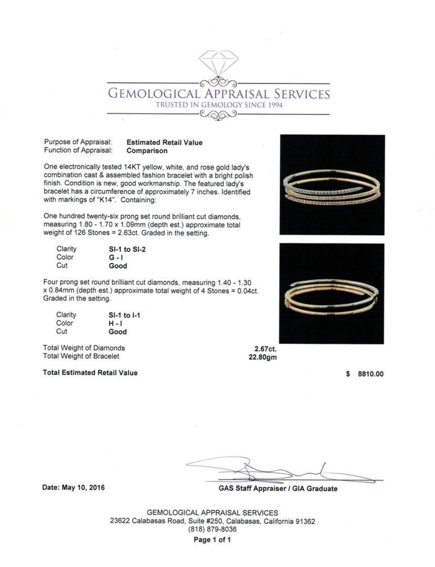 2.67 ctw Diamond Bracelet - 14KT Tri Color Gold - Image 3 of 3