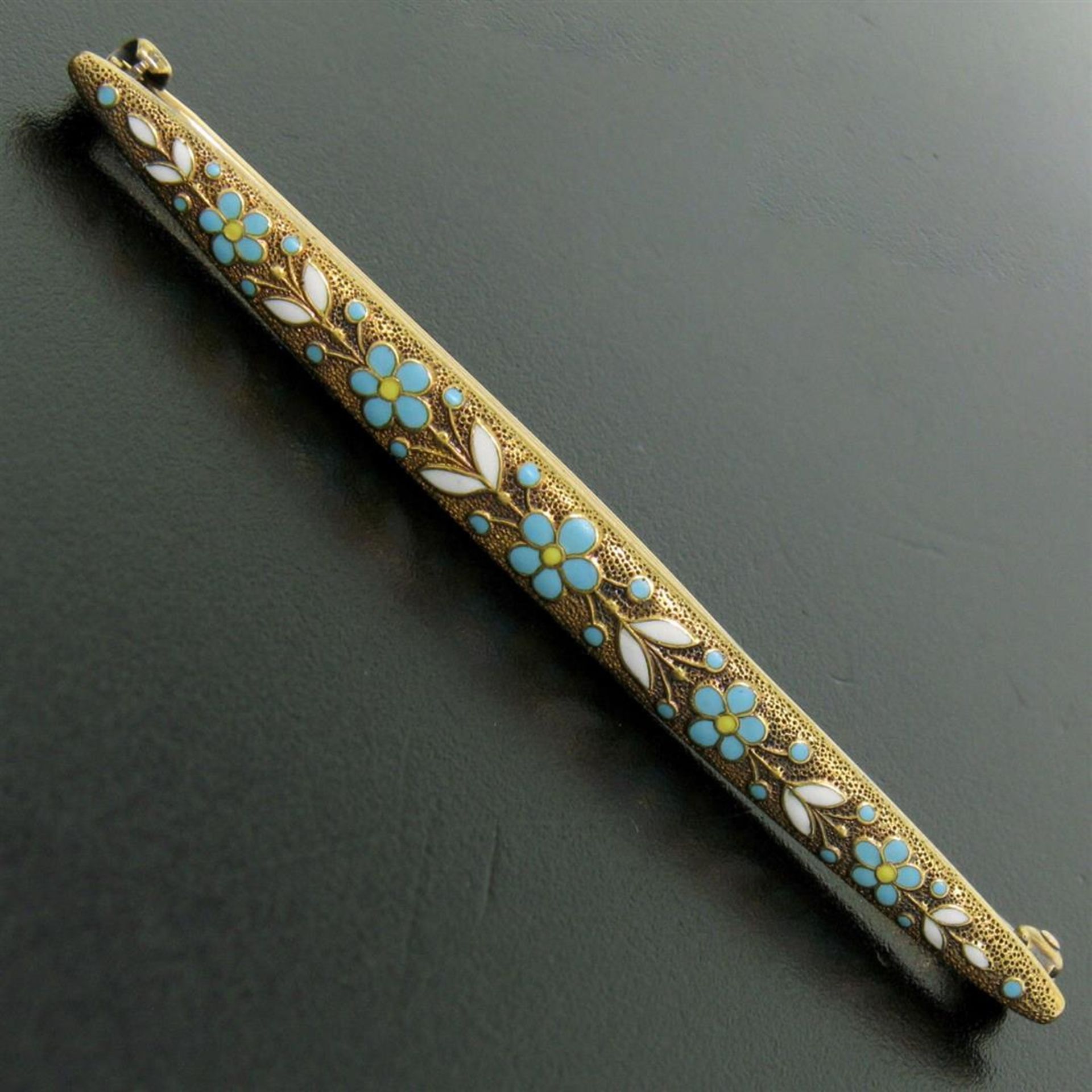 Antique Art Nouveau Krementz 14K Yellow Gold Enamel Daisy Flower Bar Pin Brooch - Image 2 of 4