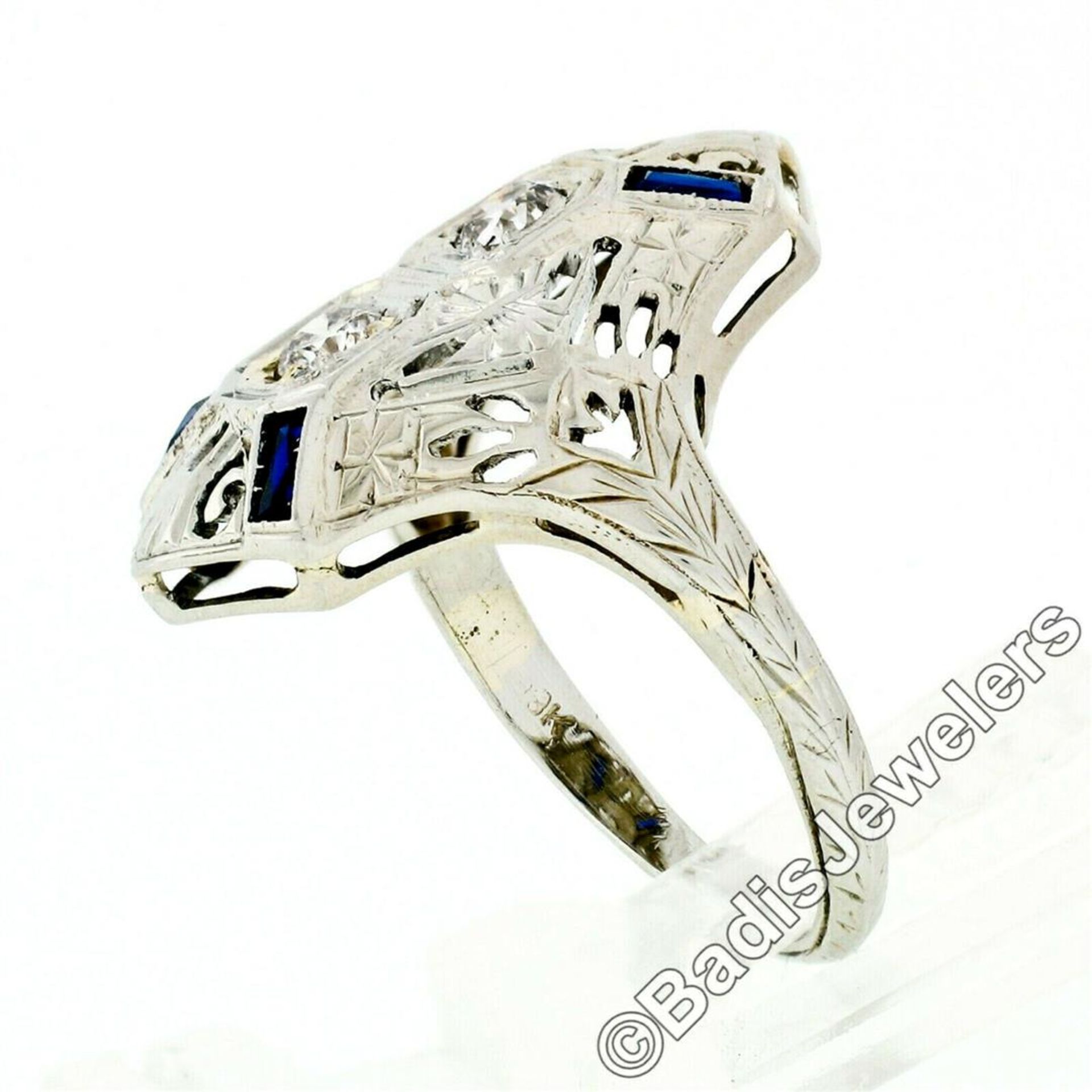 Art Deco 18kt White Gold Euro Cut Diamond & Sapphire Filigree Dinner Ring - Image 5 of 9