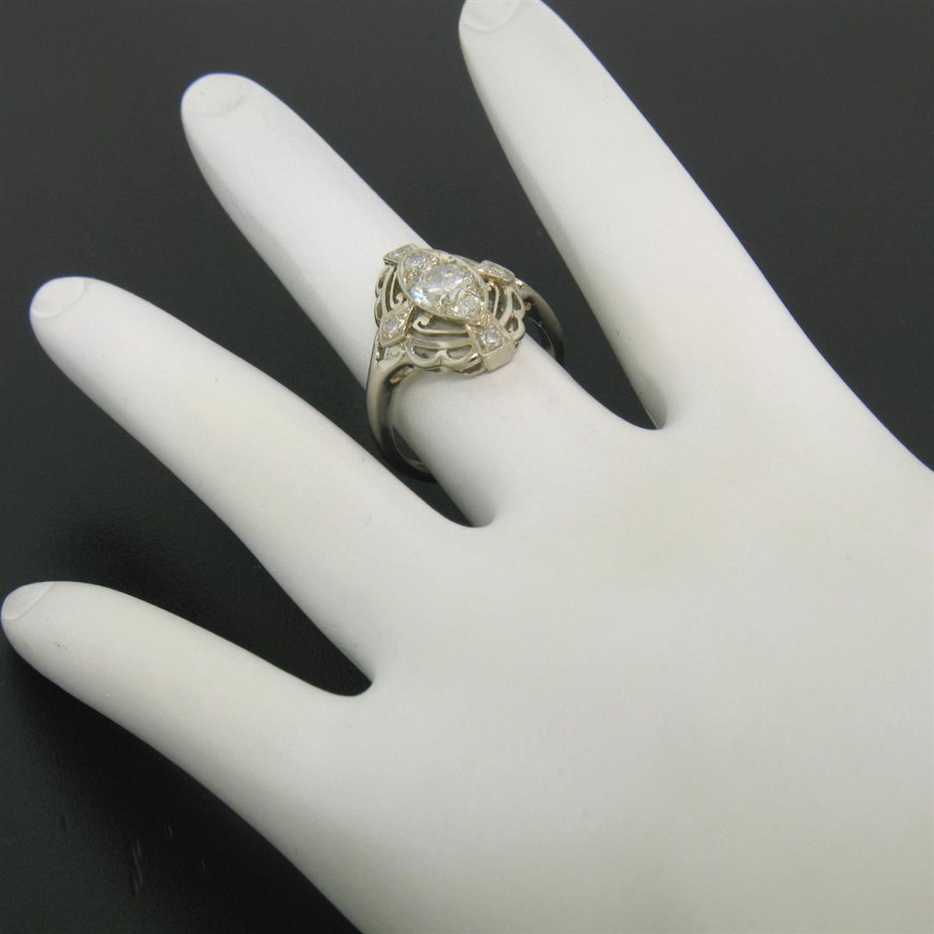 Art Deco 14k White Gold 0.85 ctw Diamond Large Open Work Cocktail Ring - Image 6 of 9