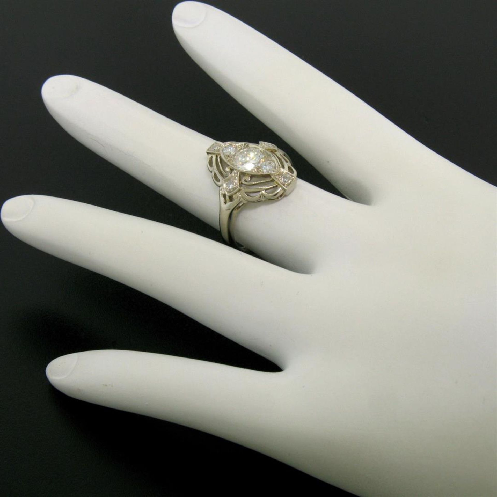 Art Deco 14k White Gold 0.85 ctw Diamond Large Open Work Cocktail Ring - Image 5 of 9