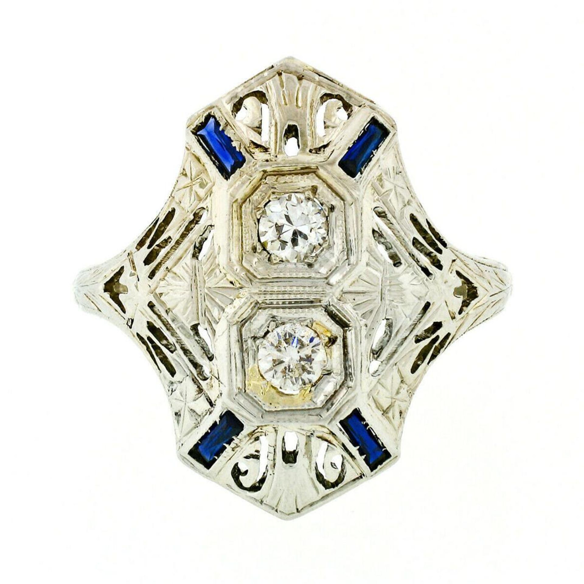 Art Deco 18kt White Gold Euro Cut Diamond & Sapphire Filigree Dinner Ring